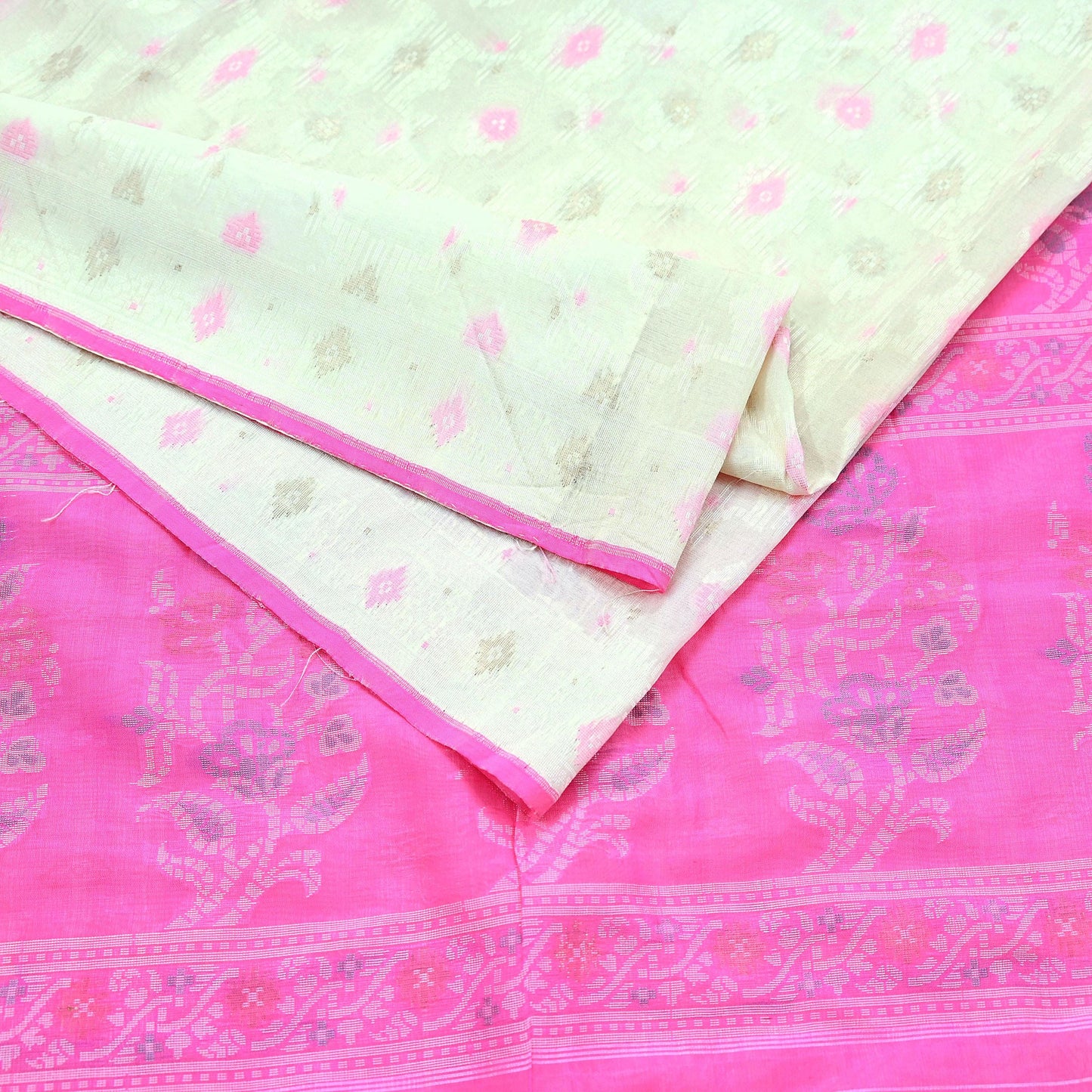 Indian Vintage Sari Ivory & Pink 100% Pure Silk Hand Woven Sarees Craft Fabric 5Yd Ethnic Sewing Dress making Crafting Quilting Upcycle