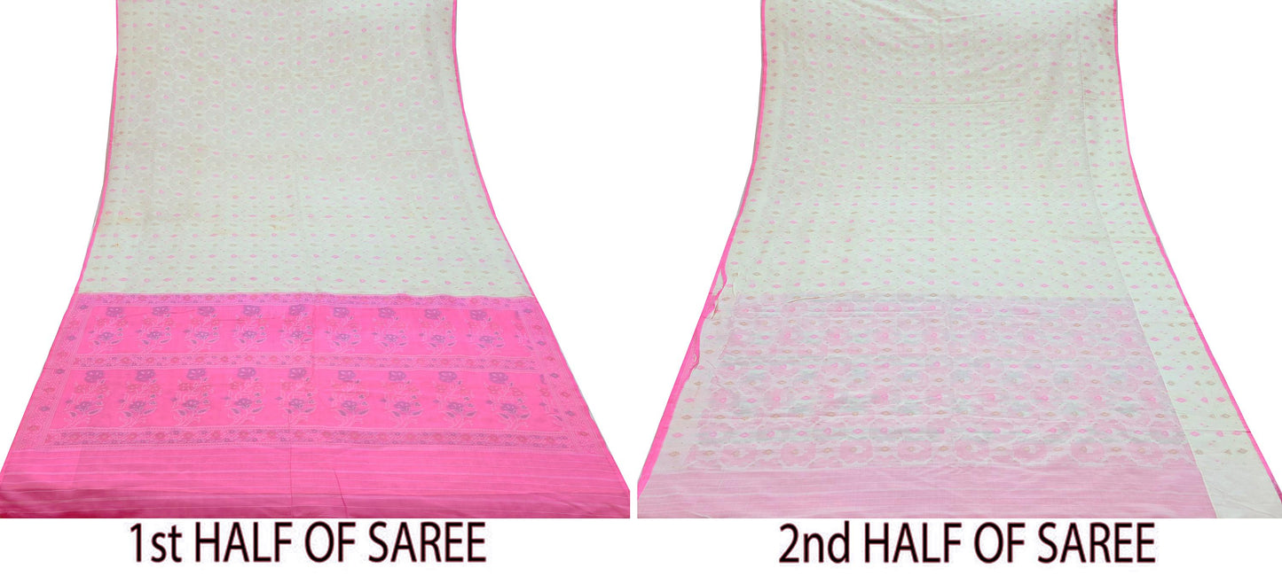 Indian Vintage Sari Ivory & Pink 100% Pure Silk Hand Woven Sarees Craft Fabric 5Yd Ethnic Sewing Dress making Crafting Quilting Upcycle