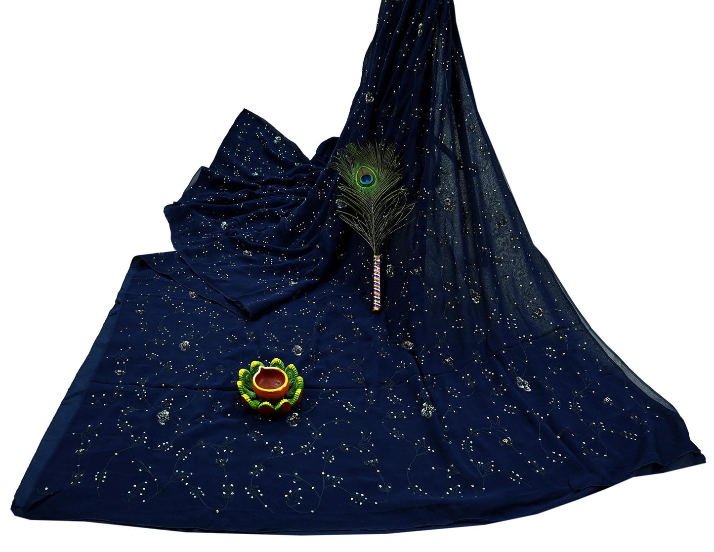 Indian Vintage Heavy Sari Blue Pure Georgette Silk Hand Beaded Sarees Craft Fabric 5Yd Sewing Soft Ethnic Wedding Sarees Dress making