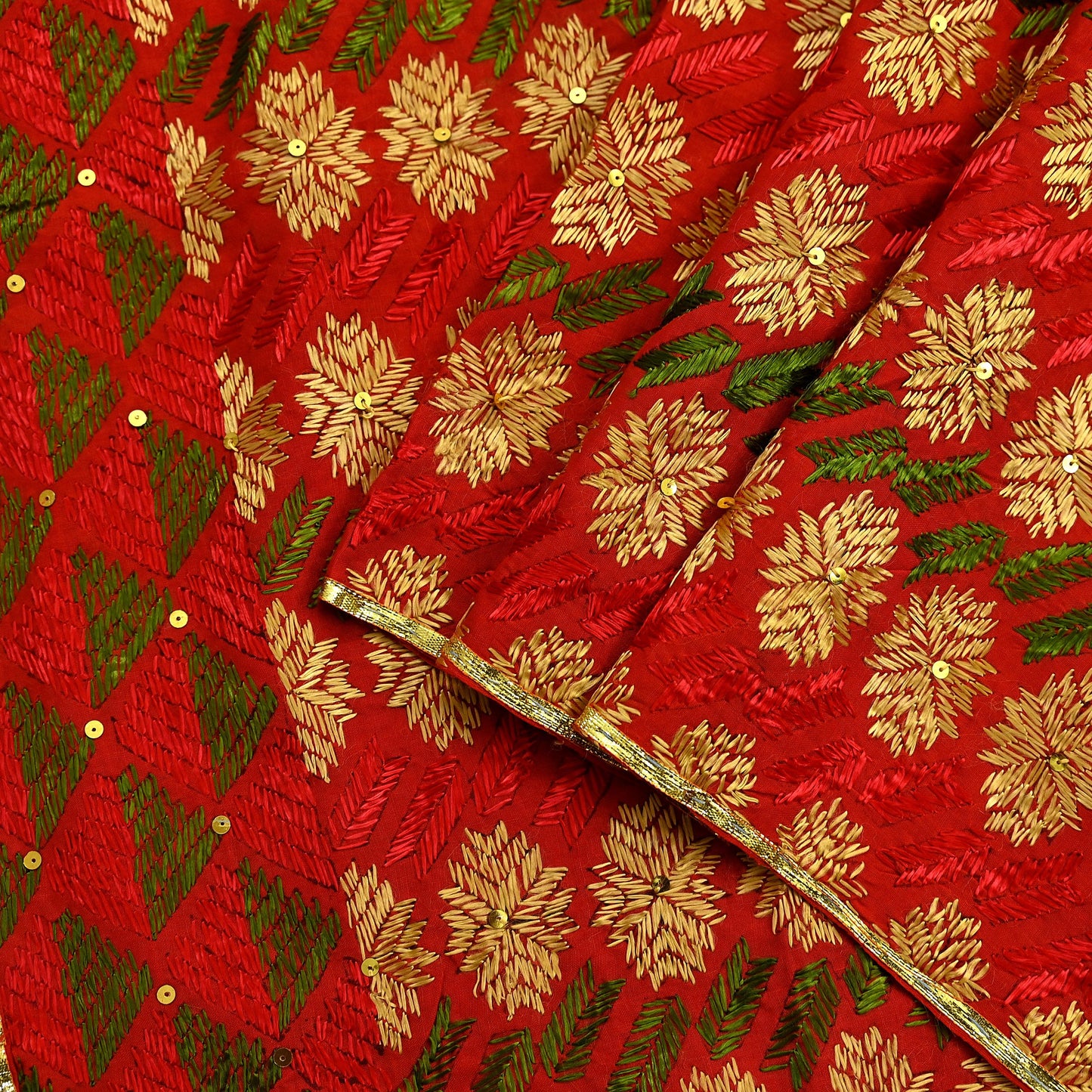 Indian Vintage Red Heavy Wedding Dupatta Long Stole Pure Cotton Hand Embroidered Bagh Phulkari Stole Scarves