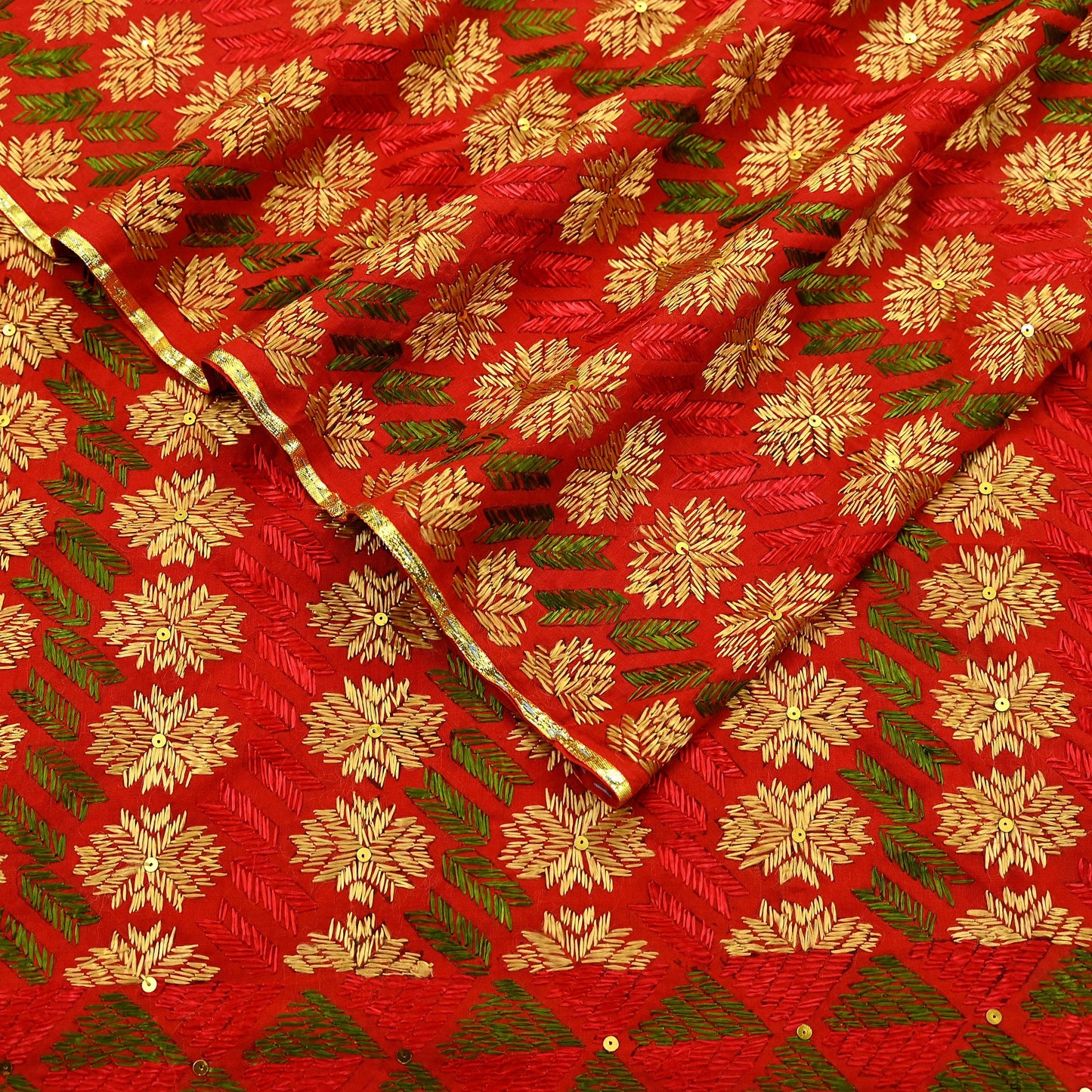 Indian Vintage Red Heavy Wedding Dupatta Long Stole Pure Cotton Hand Embroidered Bagh Phulkari Stole Scarves