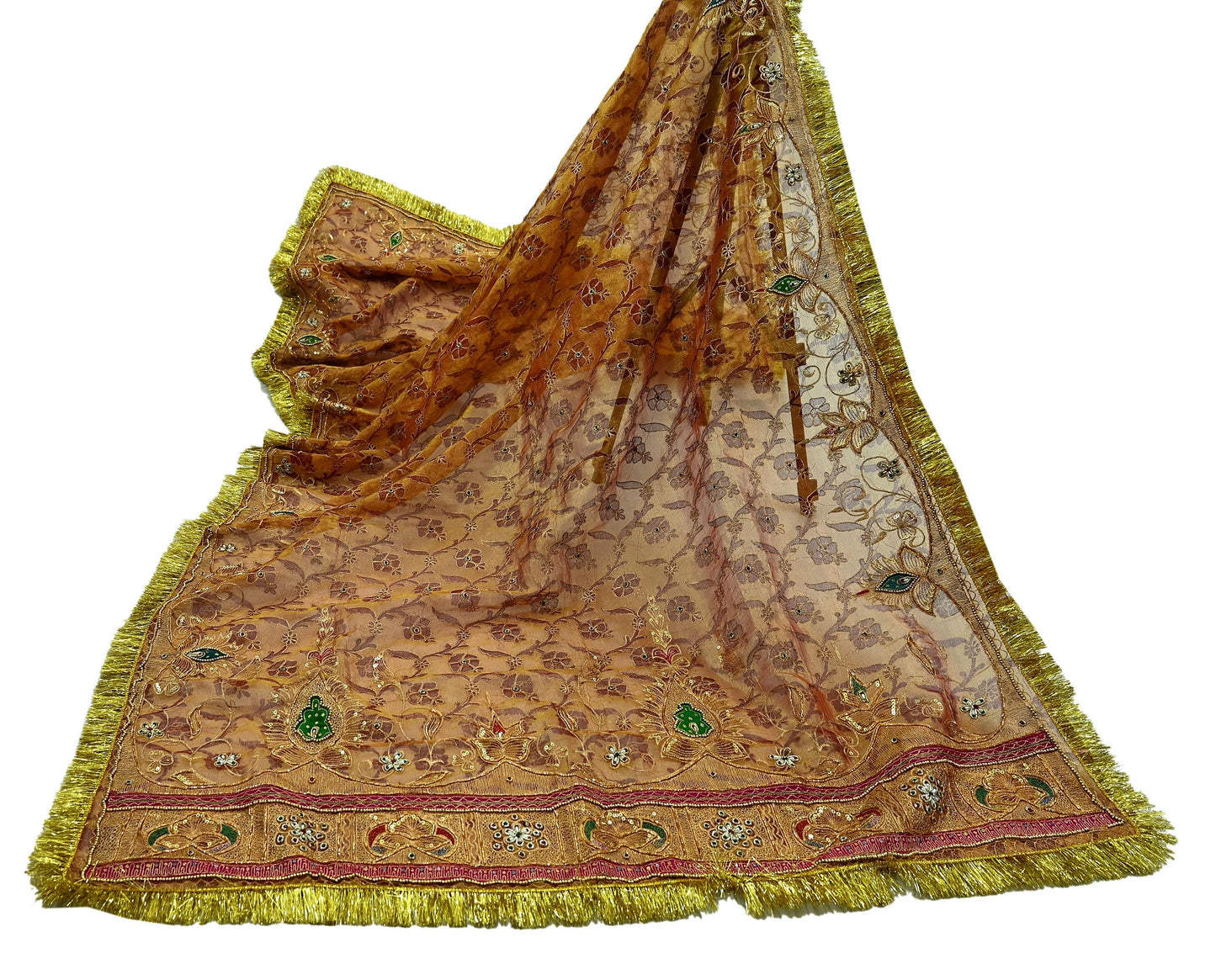 Indian Vintage Heavy Golden Dupatta Pure Tissue Silk Long Stole Hand Embroidered Scarves Zari Zardozi/Dabka Fringes Veil