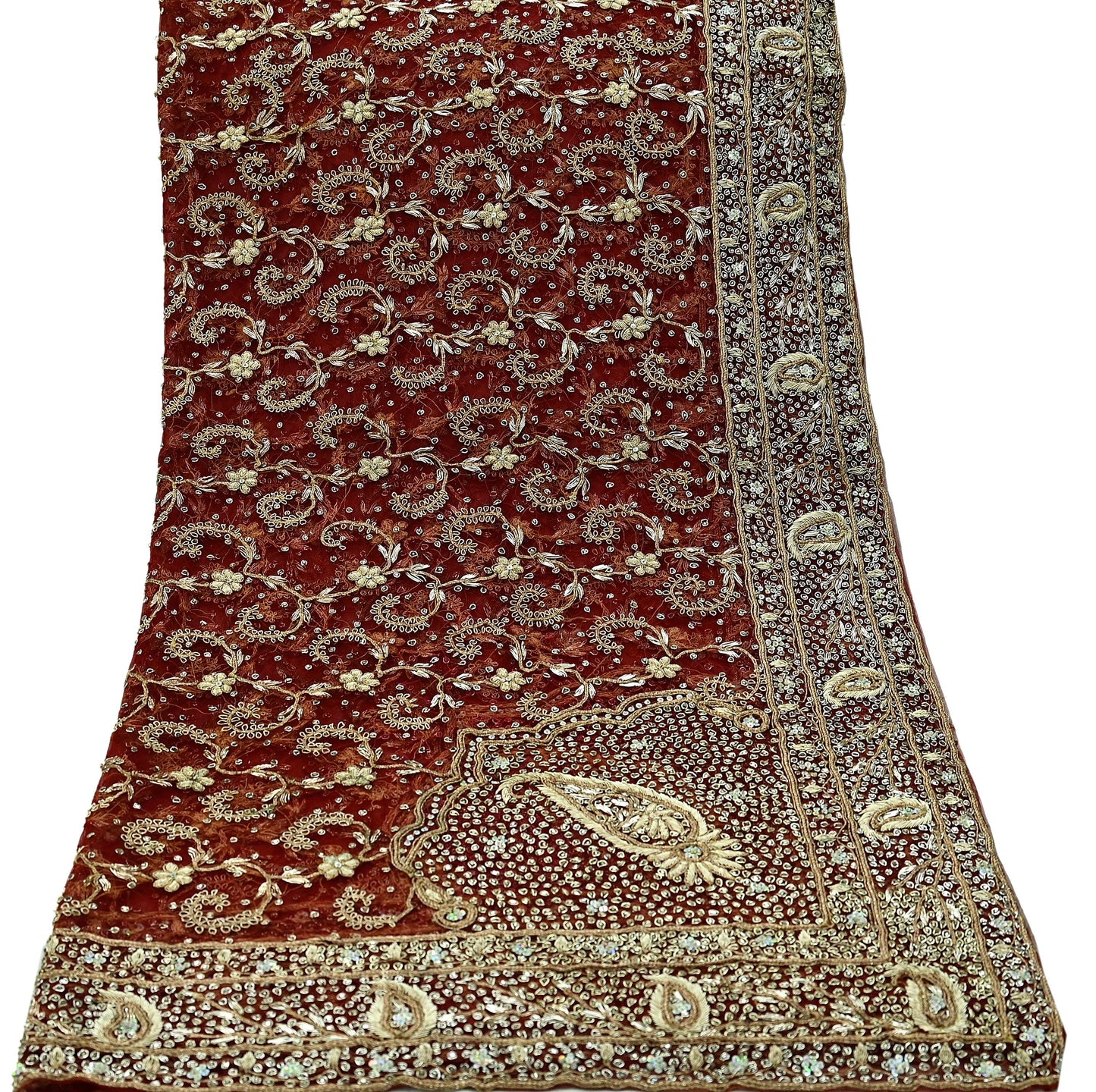 Indian Vintage Heavy Wedding Red Dupatta Net Mesh Long Stole Hand Embroidered Scarves Golden Zardozi Zari Sequins Bridal Veil