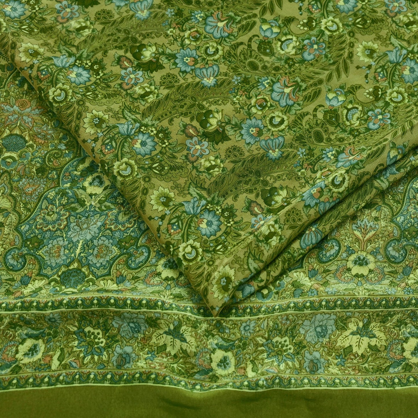 Indian Vintage Sari Green Pure Crepe Silk Printed Saree 5yd Sewing Floral Soft Craft Fabric Wrap Dress making Crafting