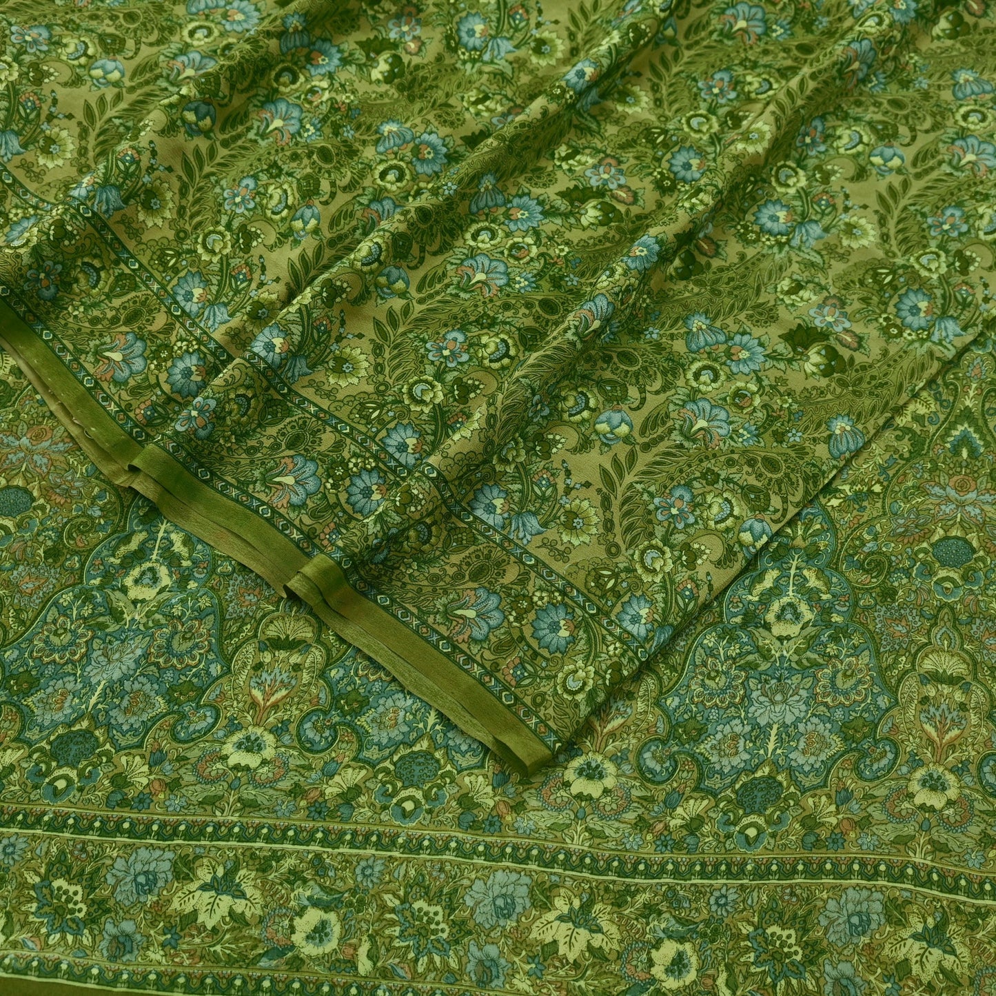 Indian Vintage Sari Green Pure Crepe Silk Printed Saree 5yd Sewing Floral Soft Craft Fabric Wrap Dress making Crafting