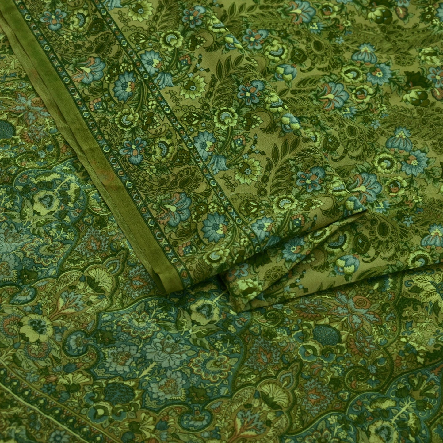 Indian Vintage Sari Green Pure Crepe Silk Printed Saree 5yd Sewing Floral Soft Craft Fabric Wrap Dress making Crafting