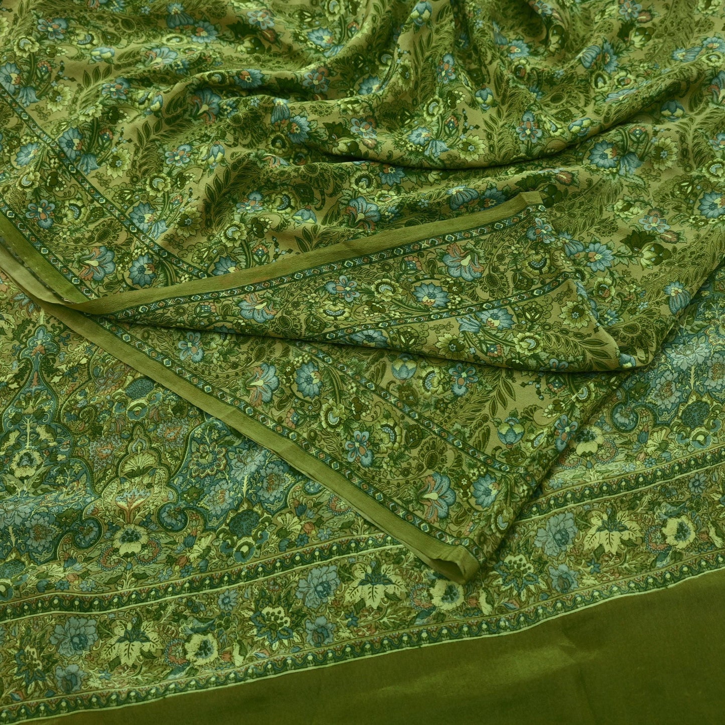 Indian Vintage Sari Green Pure Crepe Silk Printed Saree 5yd Sewing Floral Soft Craft Fabric Wrap Dress making Crafting