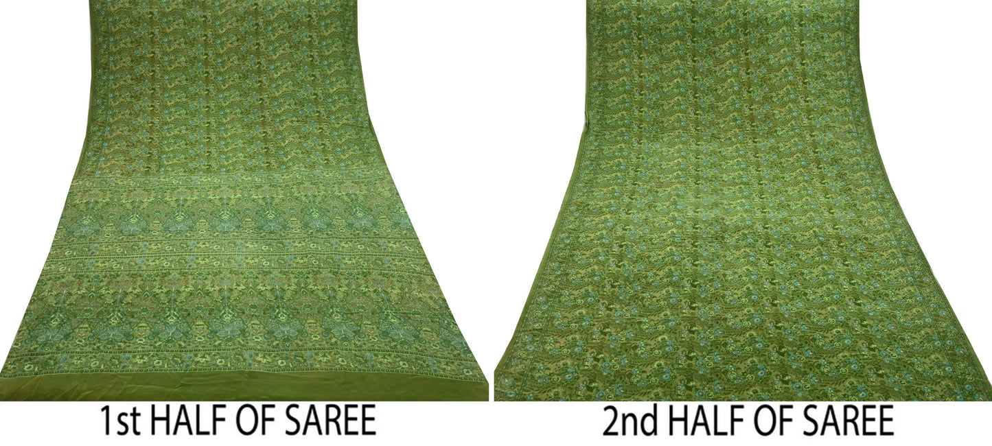 Indian Vintage Sari Green Pure Crepe Silk Printed Saree 5yd Sewing Floral Soft Craft Fabric Wrap Dress making Crafting