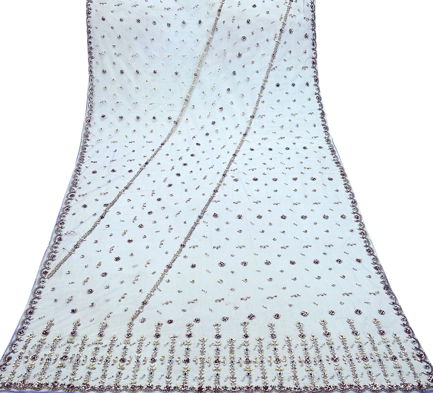 Indian Vintage Heavy Bridal Dupatta Purple Net Mesh Long Stole Hand Embroidered Scarves Golden Zardozi Dabka Zari Wedding Veil Hijab