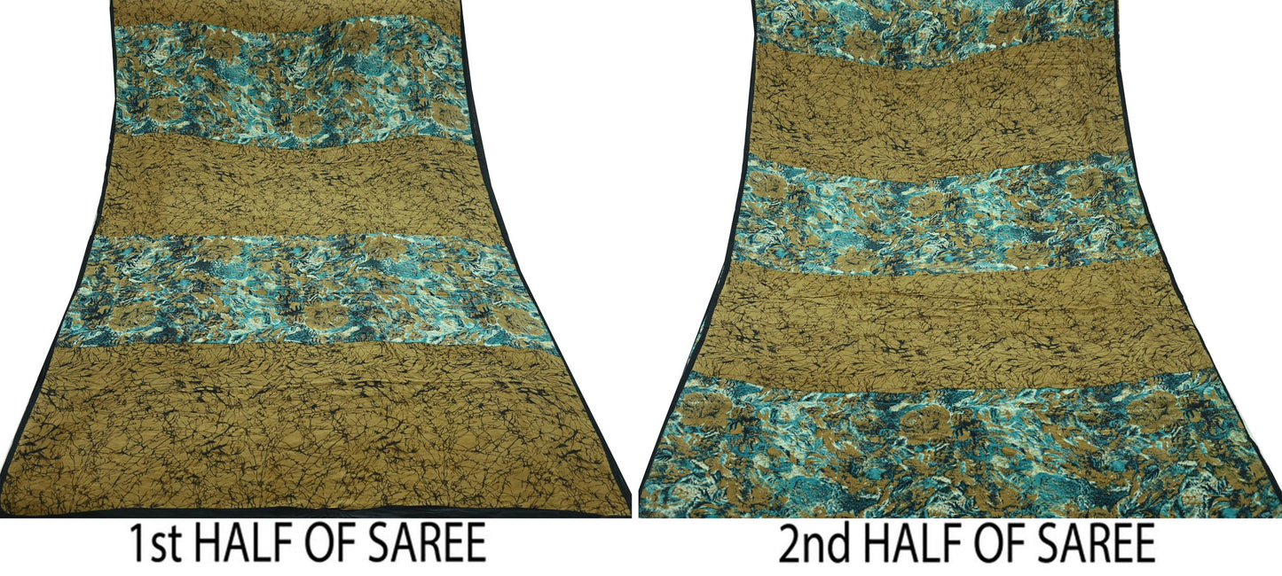 Indian Vintage Sari Green Pure Crepe Silk Printed Saree 5yd Sewing Floral Soft Craft Fabric Wrap Dress making Crafting Quilting Used