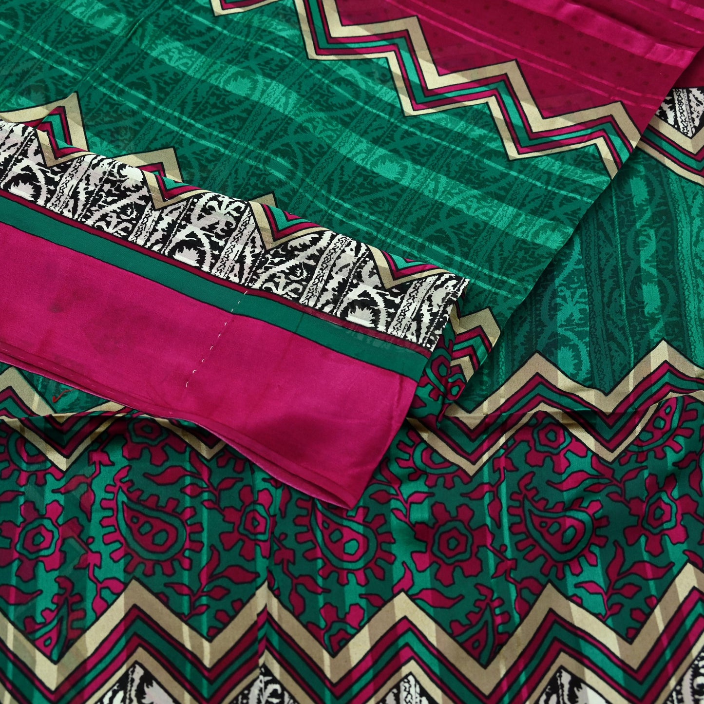 Indian Vintage Sari Green & Pink Pure Georgette Silk Printed Saree Craft Fabric Sewing 6Yd Soft Light Dress Making Floral