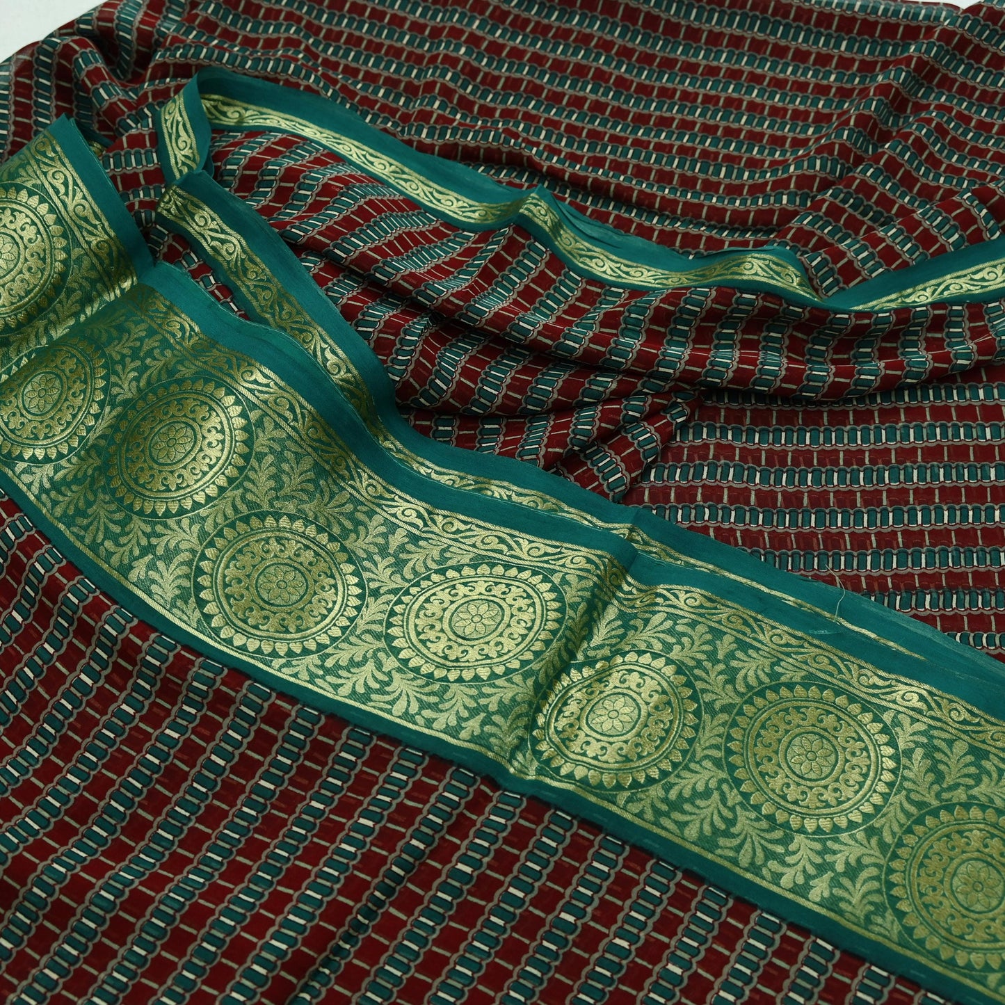 Indian Vintage Sari Green & Maroon Pure Georgette Silk Printed Sarees Craft Fabric Sewing 5Yd Soft Dress Making Crafting Quilting Zari
