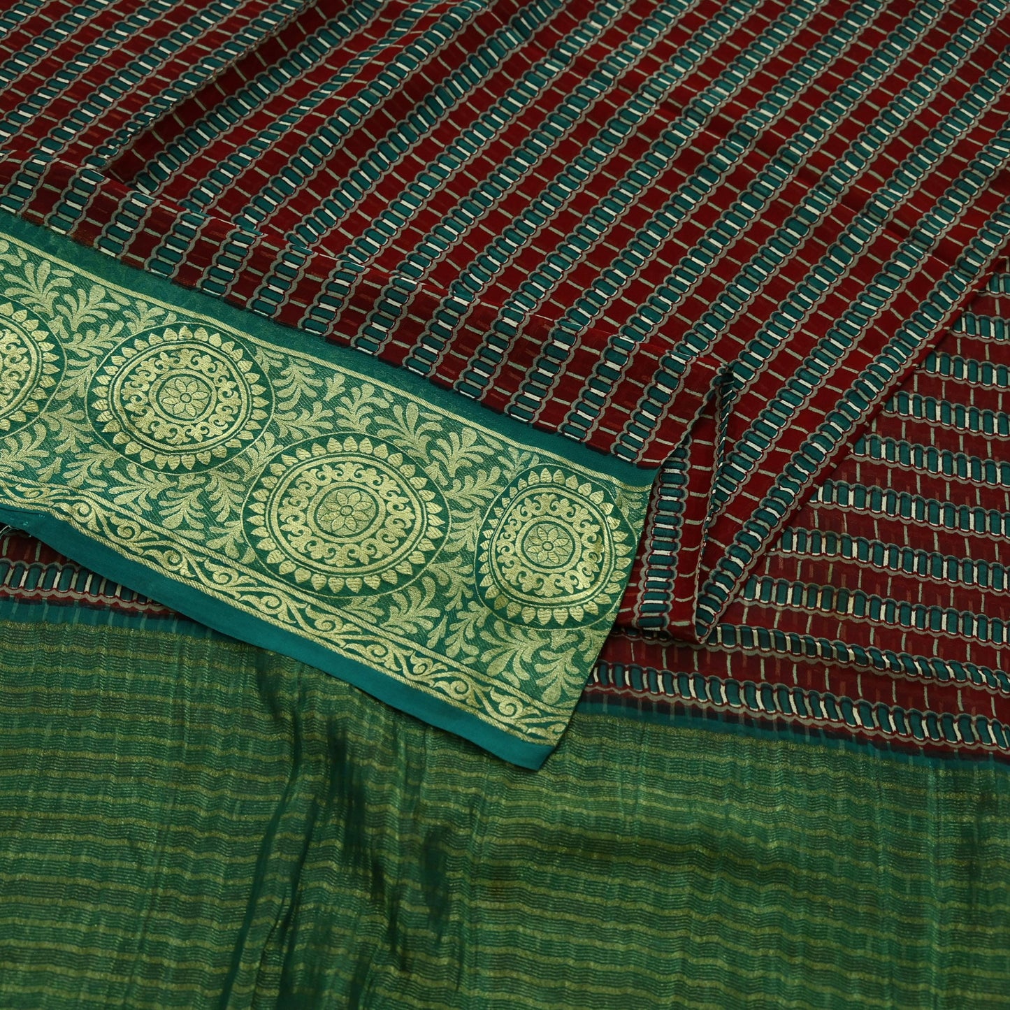 Indian Vintage Sari Green & Maroon Pure Georgette Silk Printed Sarees Craft Fabric Sewing 5Yd Soft Dress Making Crafting Quilting Zari