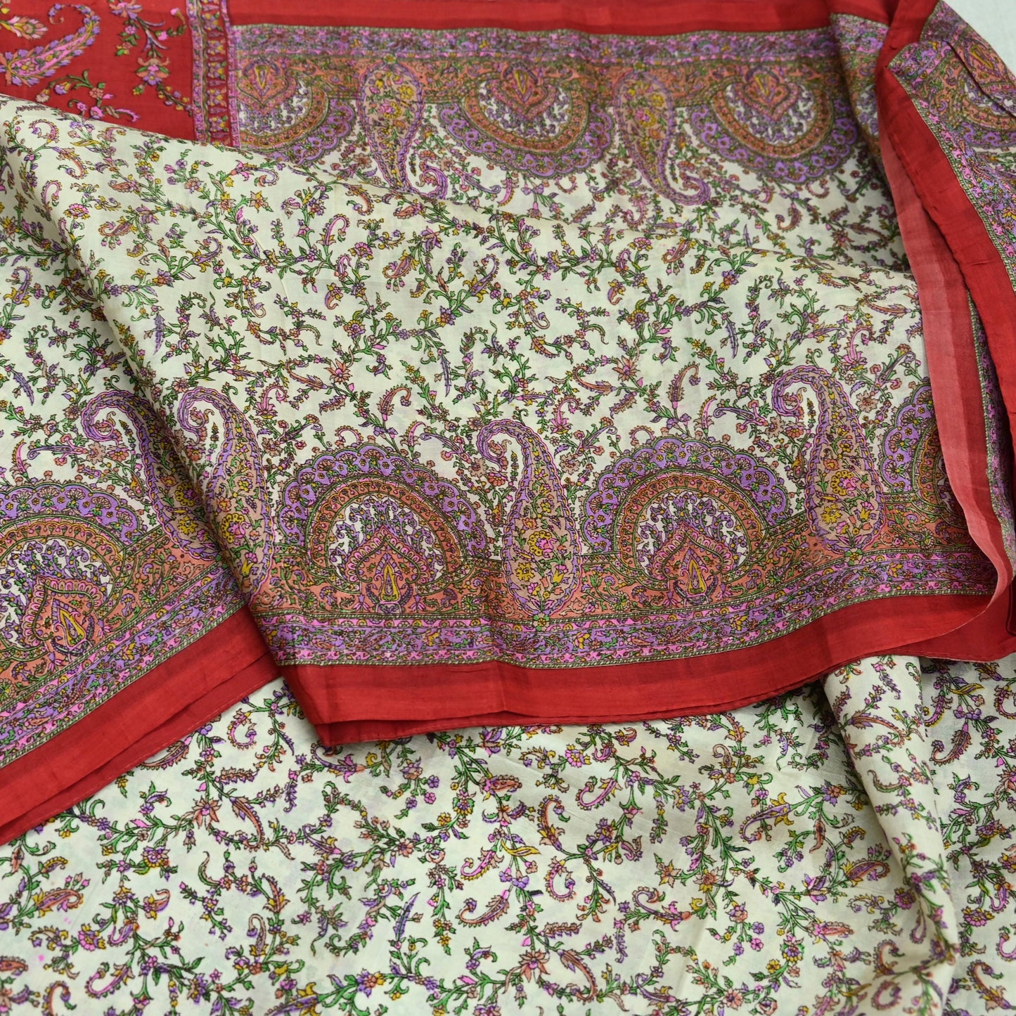 Indian Vintage Ivory & Red Saree Pure Silk Printed Sari 6yd Sewing Craft Fabric DressMaking Soft Wrap Crafting Quilting Used Paisley