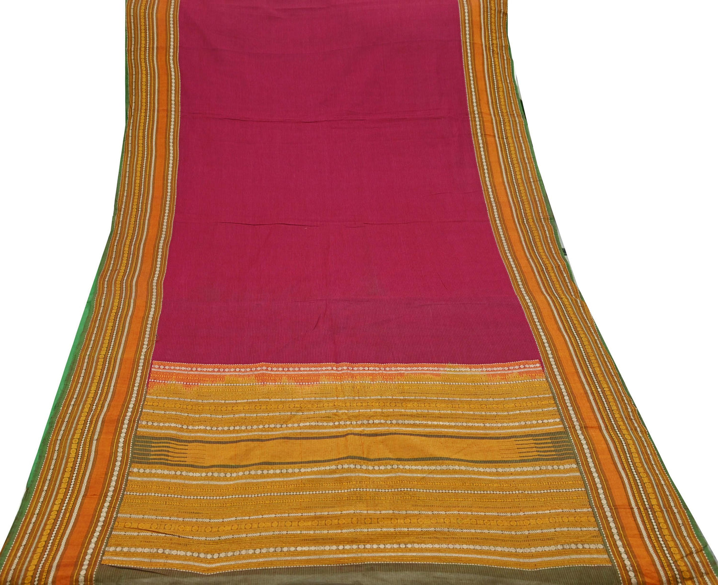 Indian Vintage Sari Red & Green Pure Cotton Hand Woven Baluchari Saree 5yd Craft Fabric Ethnic Dress making Crafting Quilting