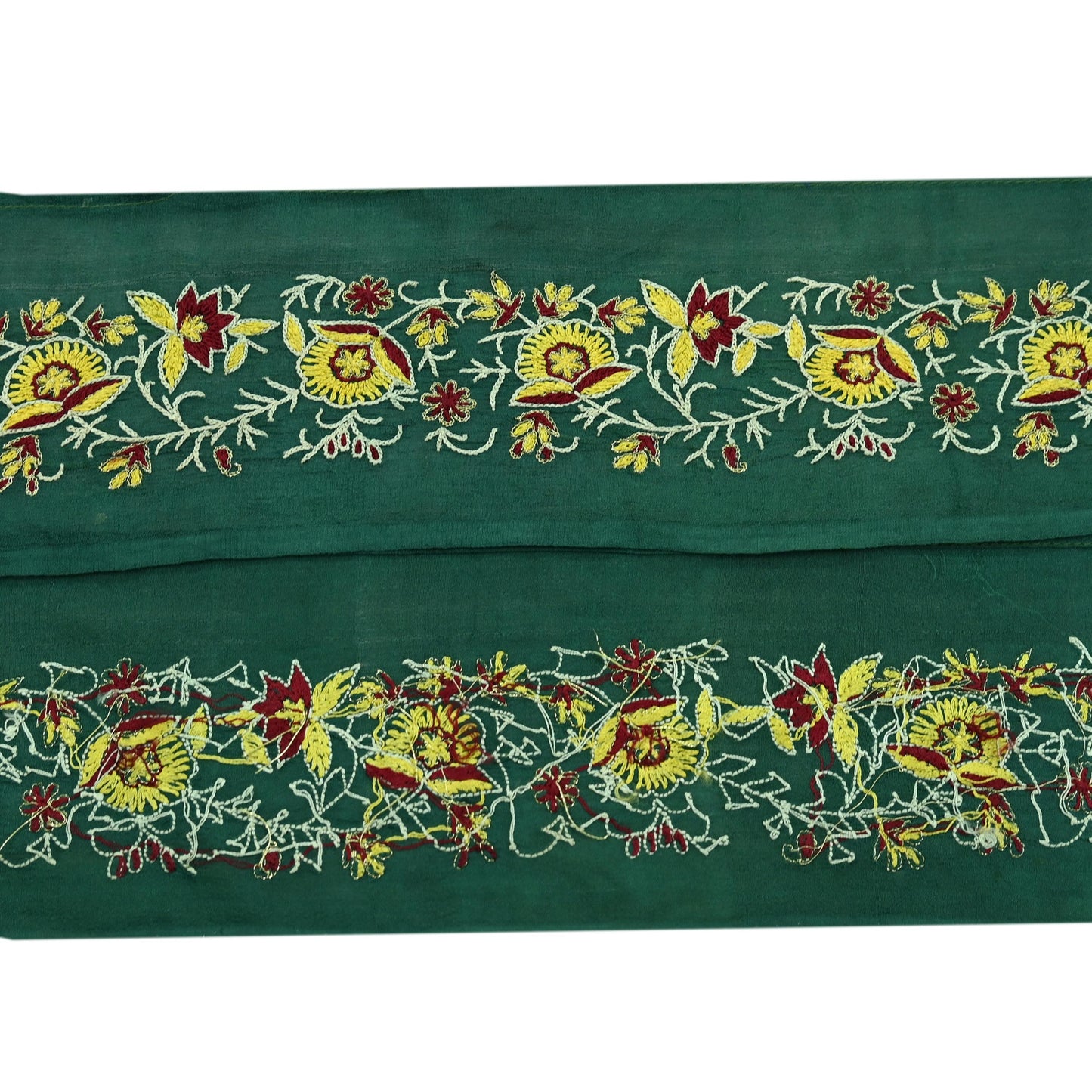 Indian Vintage Green Sari Border Hand Embroidered Craft Trim Lace Sewing Sari Ribbon Pure Crepe silk