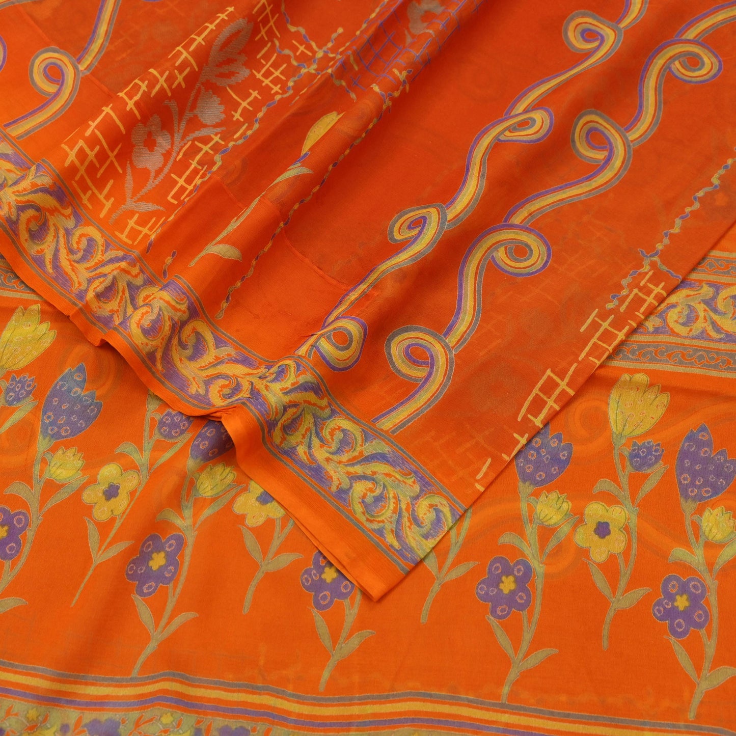 Women Vintage Orange Saree Blend Chiffon Printed Sari Craft Fabric Sewing 6Yd Soft Light Sari Dress Making Floral Crafting Quilting Upcycle