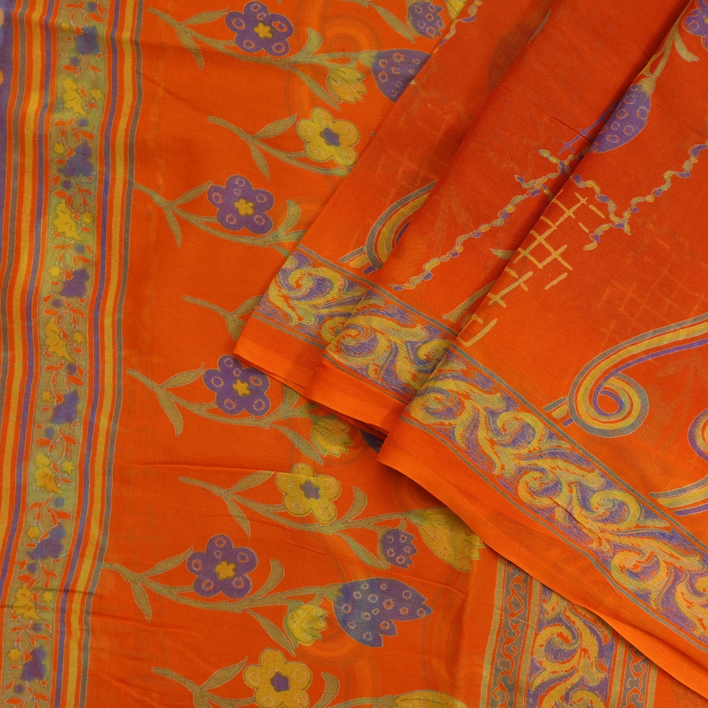 Women Vintage Orange Saree Blend Chiffon Printed Sari Craft Fabric Sewing 6Yd Soft Light Sari Dress Making Floral Crafting Quilting Upcycle
