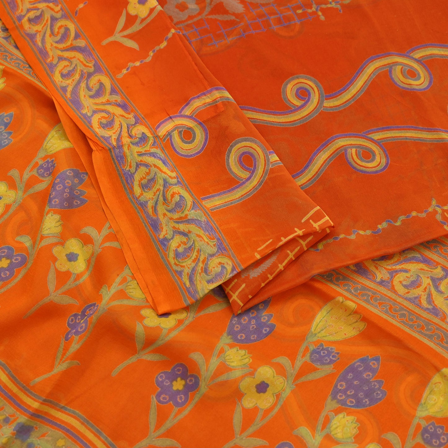 Women Vintage Orange Saree Blend Chiffon Printed Sari Craft Fabric Sewing 6Yd Soft Light Sari Dress Making Floral Crafting Quilting Upcycle