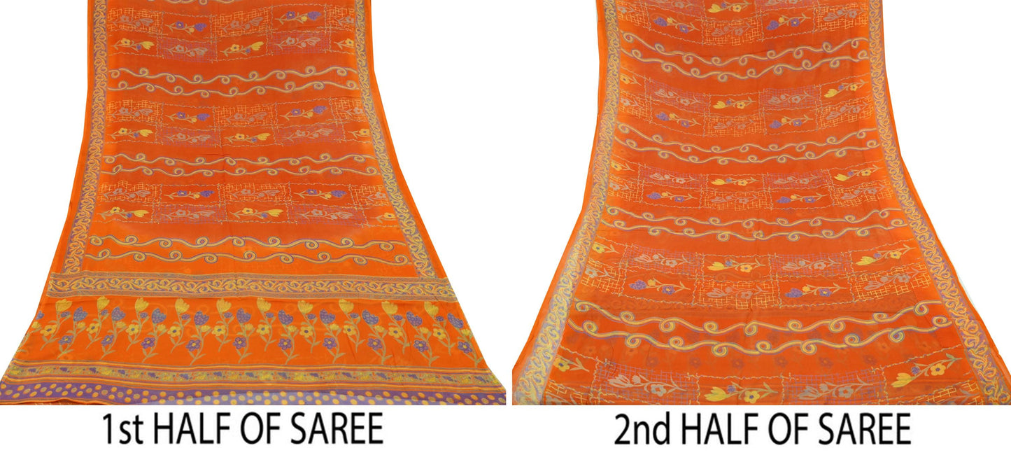 Women Vintage Orange Saree Blend Chiffon Printed Sari Craft Fabric Sewing 6Yd Soft Light Sari Dress Making Floral Crafting Quilting Upcycle