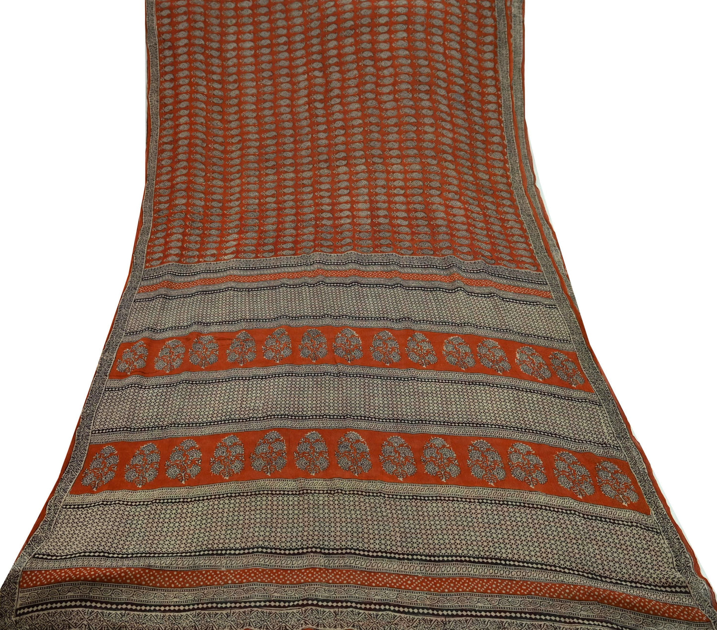 Indian Vintage Sari Orange & Brown Pure Chiffon Silk Printed Sarees Craft Fabric Sewing 5Yard Soft Light Sari Dress Making Quilting