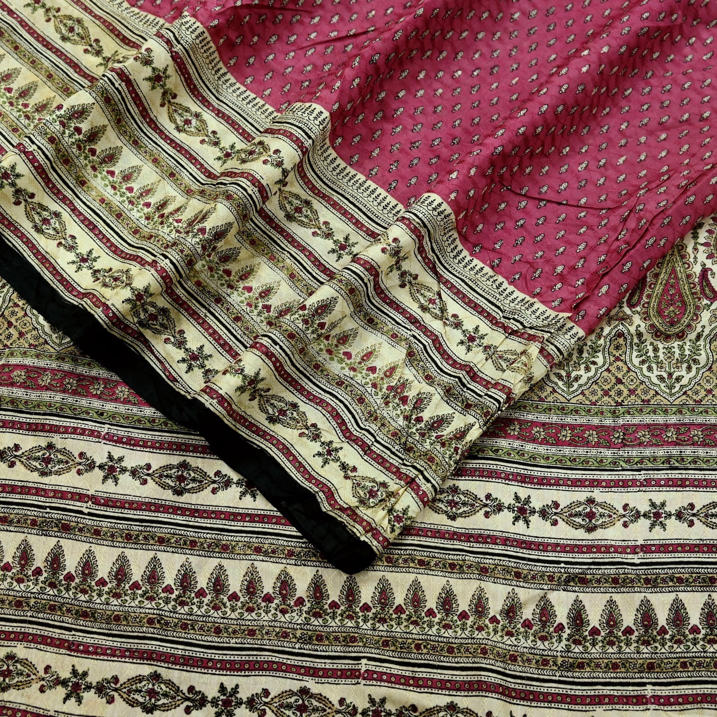 Indian Vintage Sari Ivory & Pink Pure Silk Printed Saree 5yd Sewing Craft Fabric Dress Making Soft Wrap Crafting Quilting Upcycle