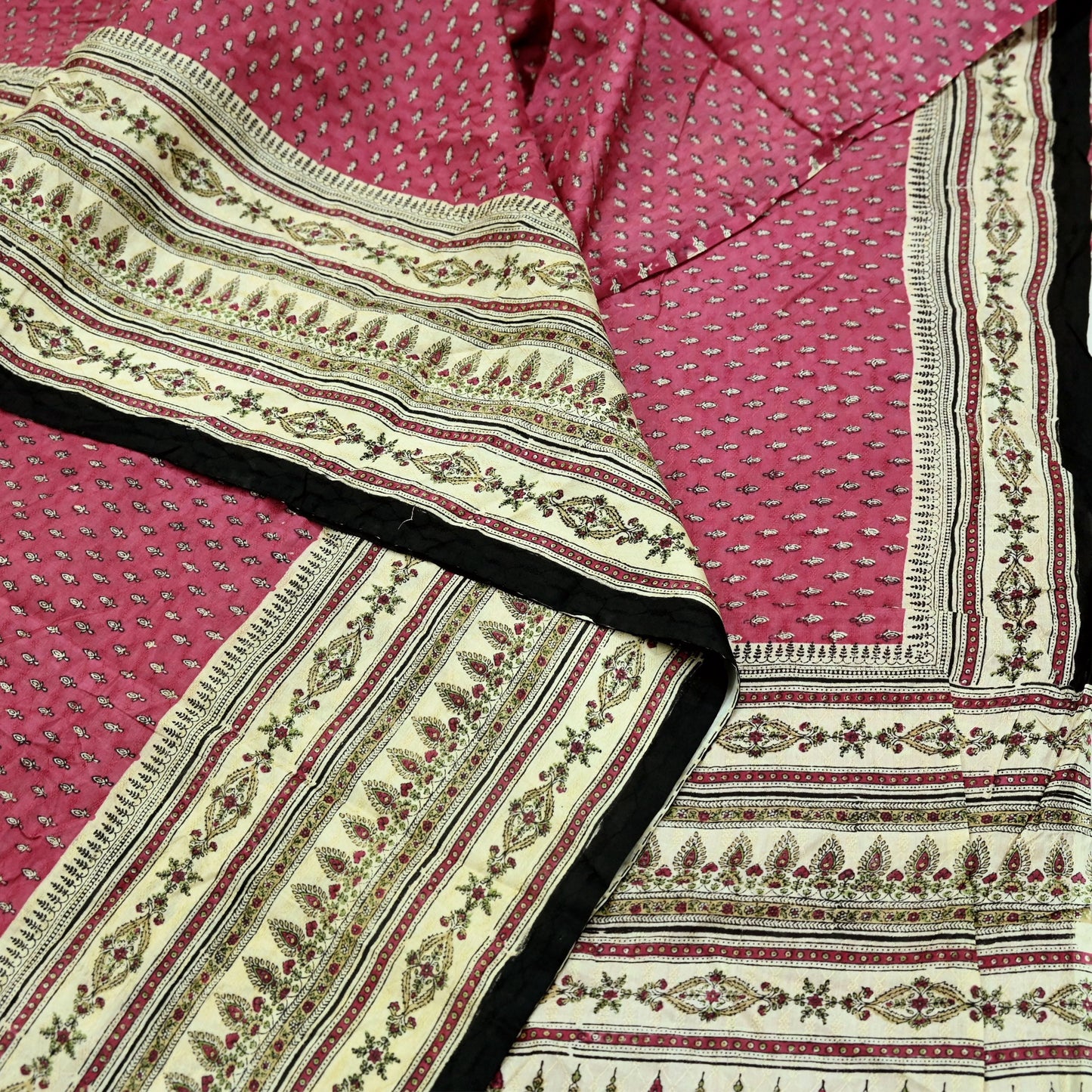Indian Vintage Sari Ivory & Pink Pure Silk Printed Saree 5yd Sewing Craft Fabric Dress Making Soft Wrap Crafting Quilting Upcycle