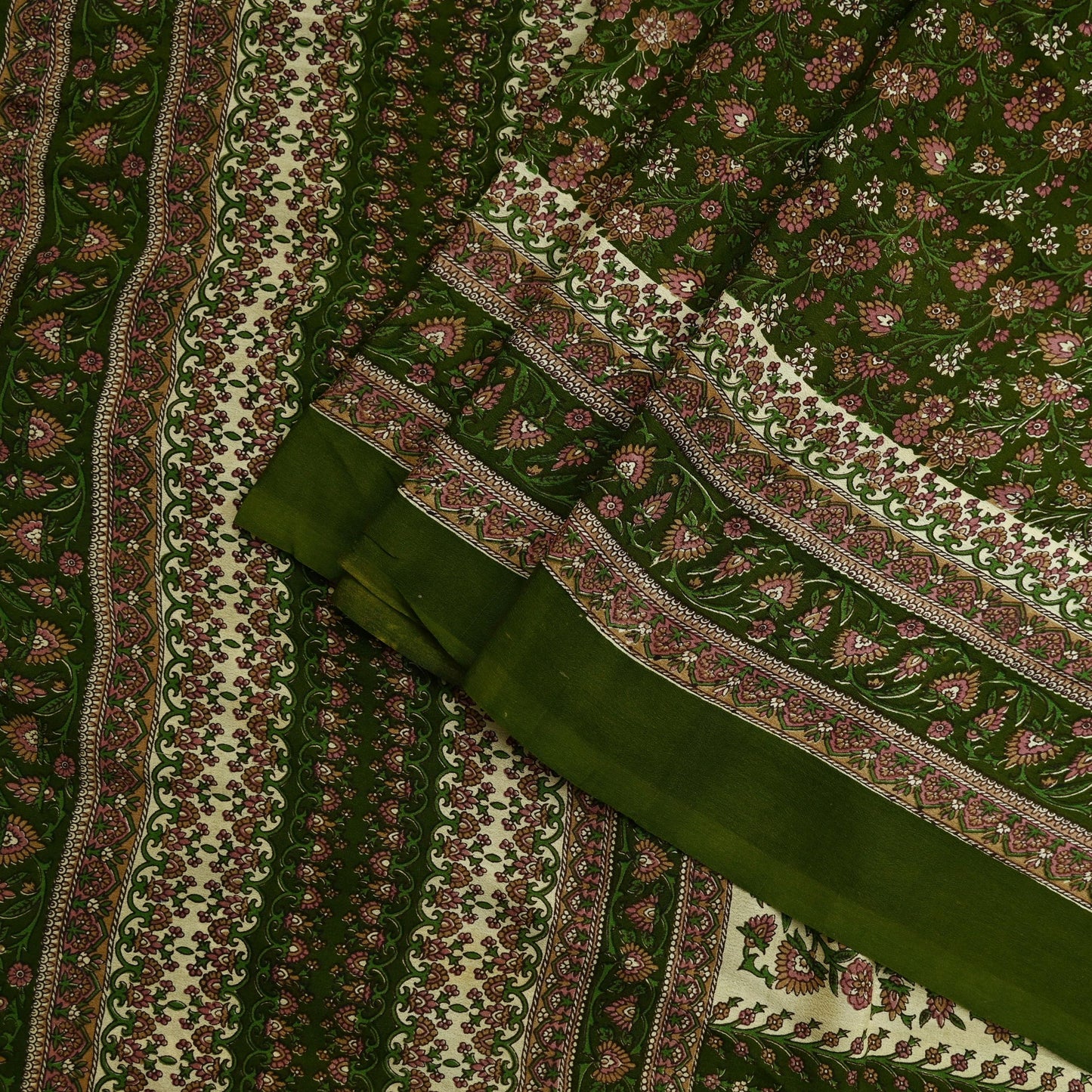 Indian Vintage Sari Green Pure Silk Printed Sarees 6yd Sewing Craft Fabric Dress Making Soft Floral Wrap Upcycle Used Quilting Crafting
