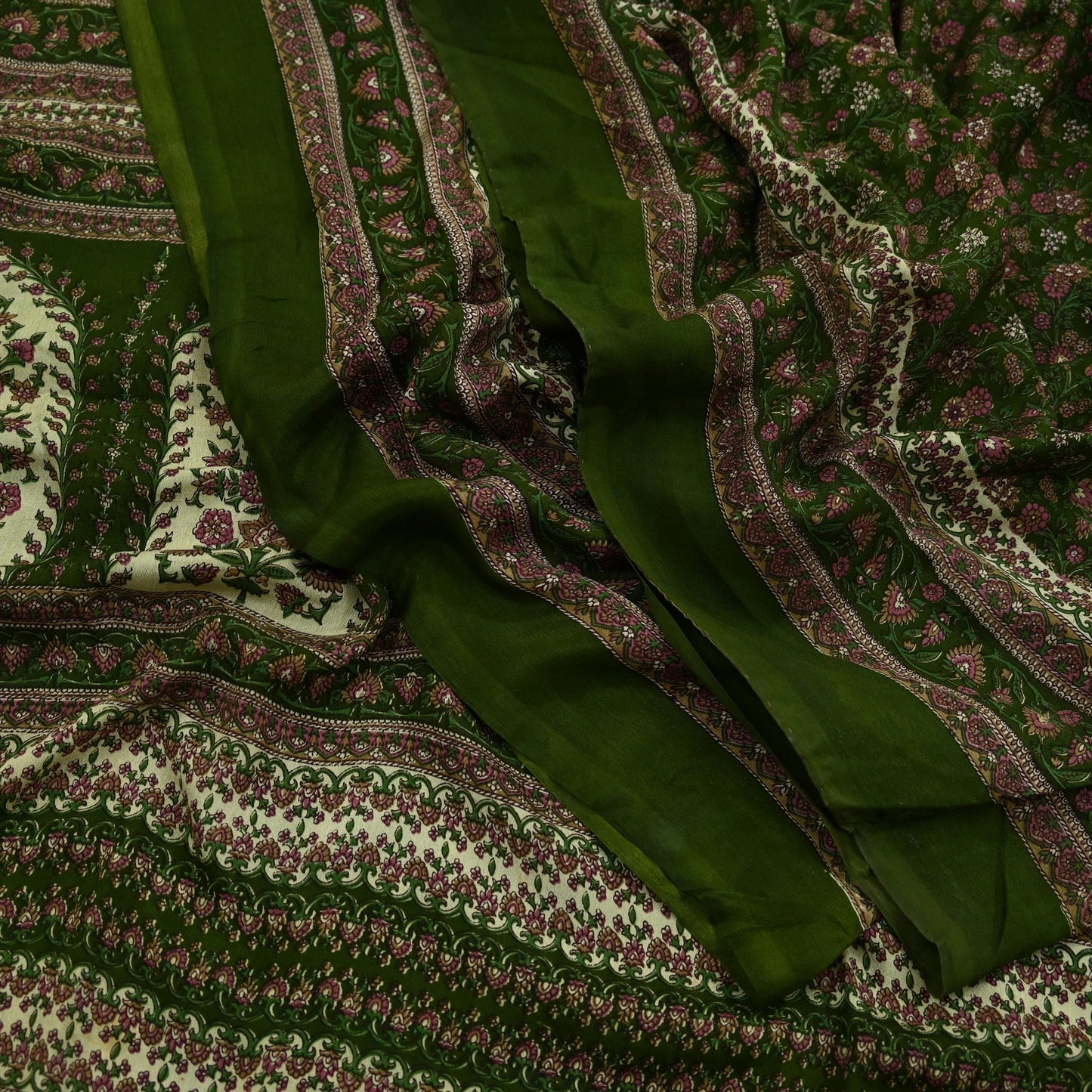 Indian Vintage Sari Green Pure Silk Printed Sarees 6yd Sewing Craft Fabric Dress Making Soft Floral Wrap Upcycle Used Quilting Crafting