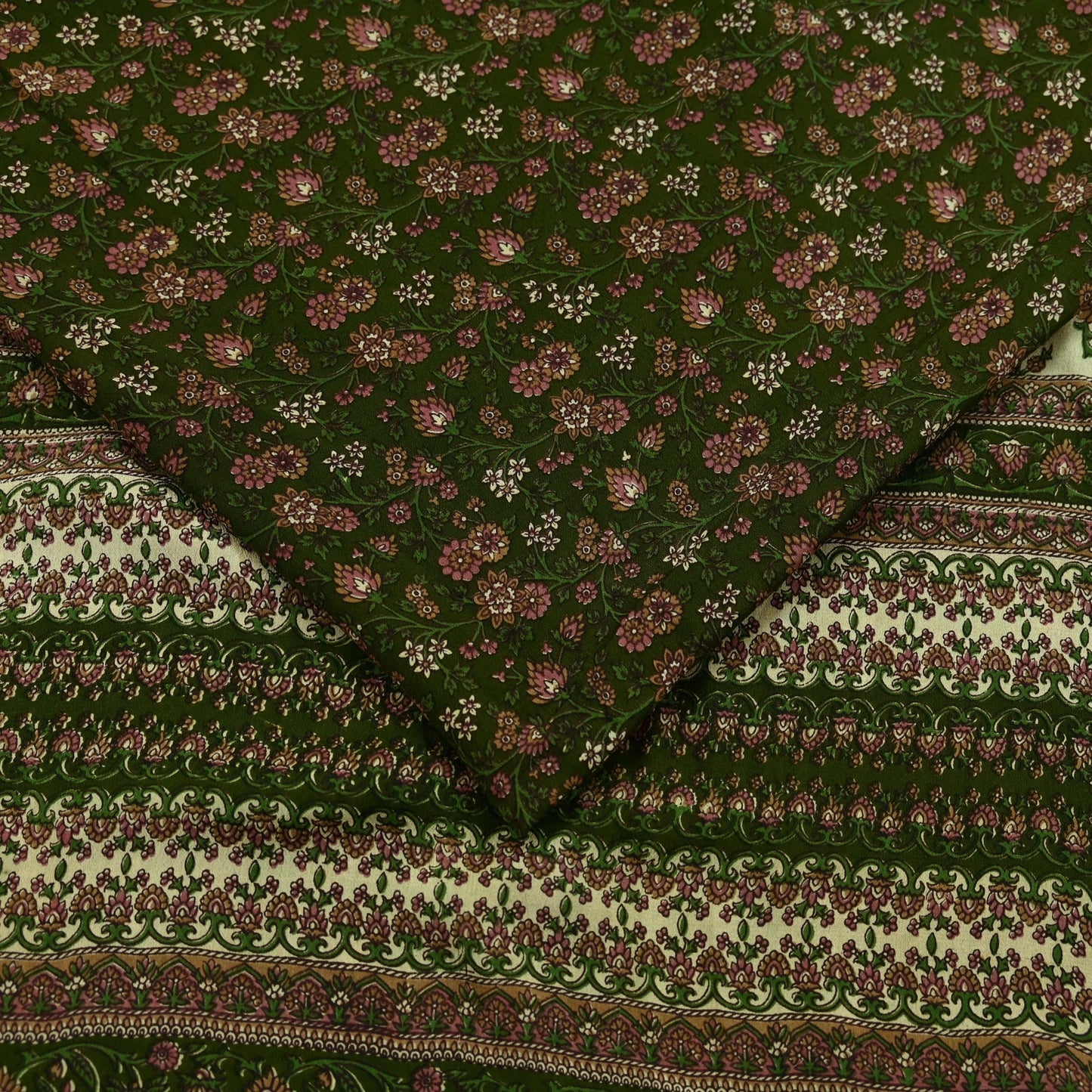 Indian Vintage Sari Green Pure Silk Printed Sarees 6yd Sewing Craft Fabric Dress Making Soft Floral Wrap Upcycle Used Quilting Crafting