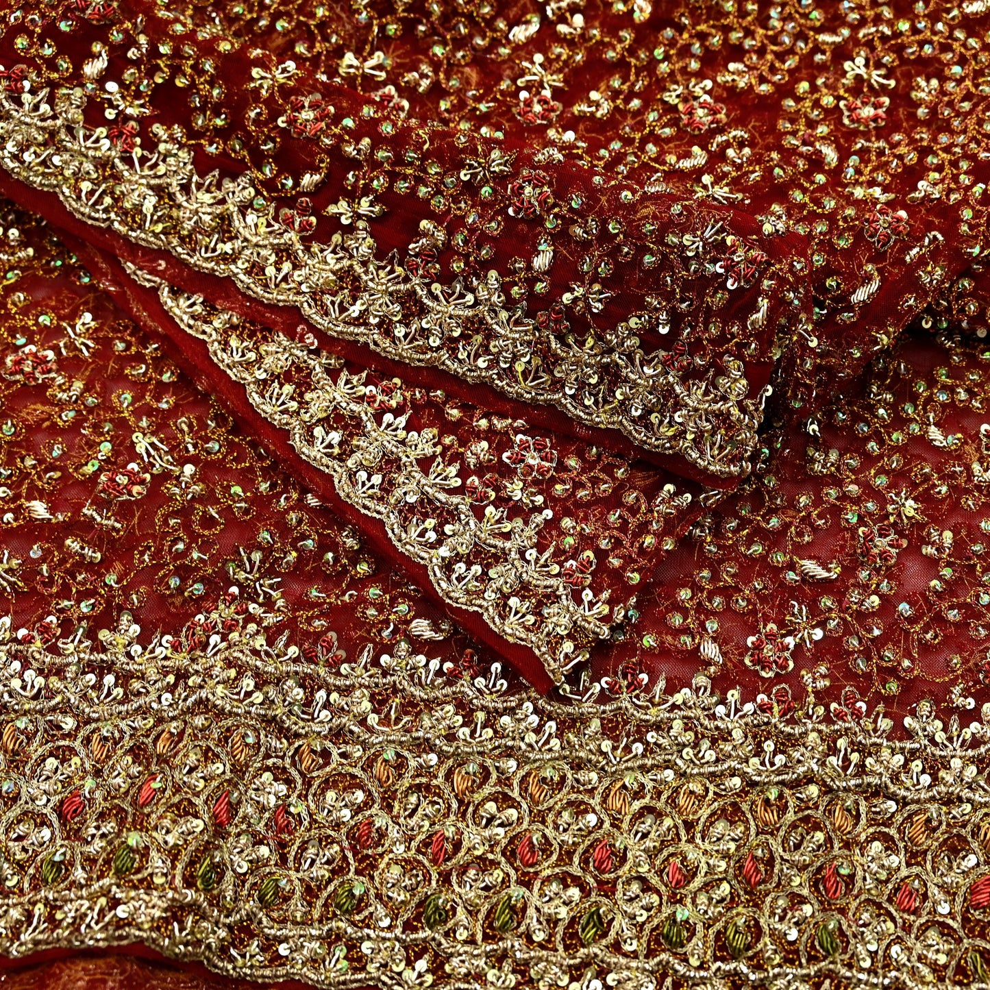 Indian Vintage Heavy Wedding Maroon Dupatta Net Mesh Long Stole Hand Embroidered Scarves Golden Zardozi Zari Sequins Dridal Veil Hijab