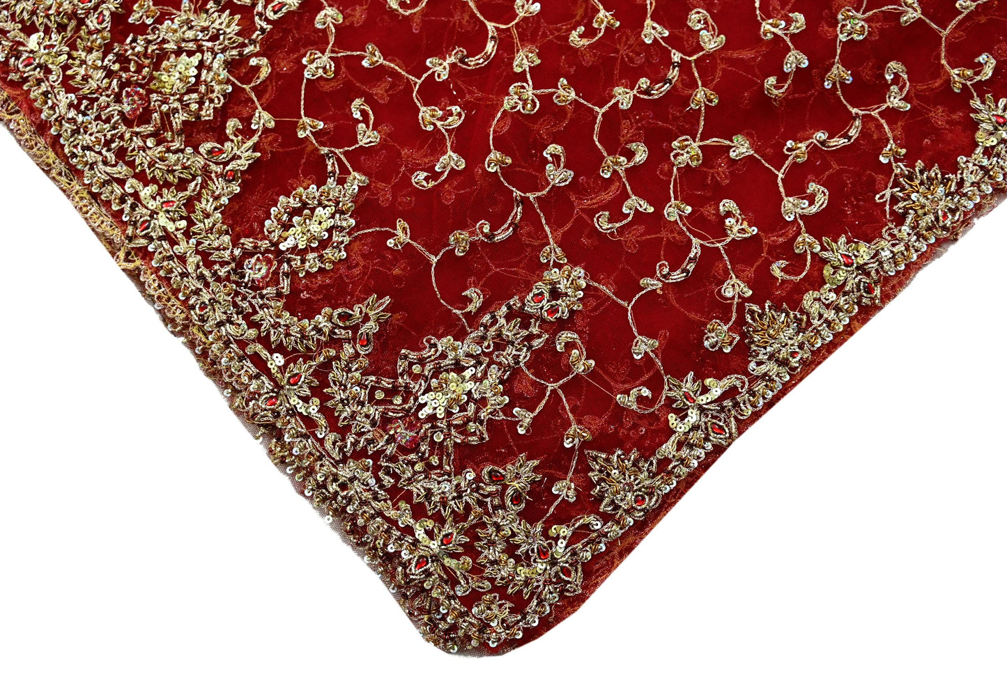 Indian Vintage Heavy Bridal Red Dupatta Net Mesh Long Stole Hand Embroidered Scarves Zardozi Dabka Zari Wedding dupatta veil hijab