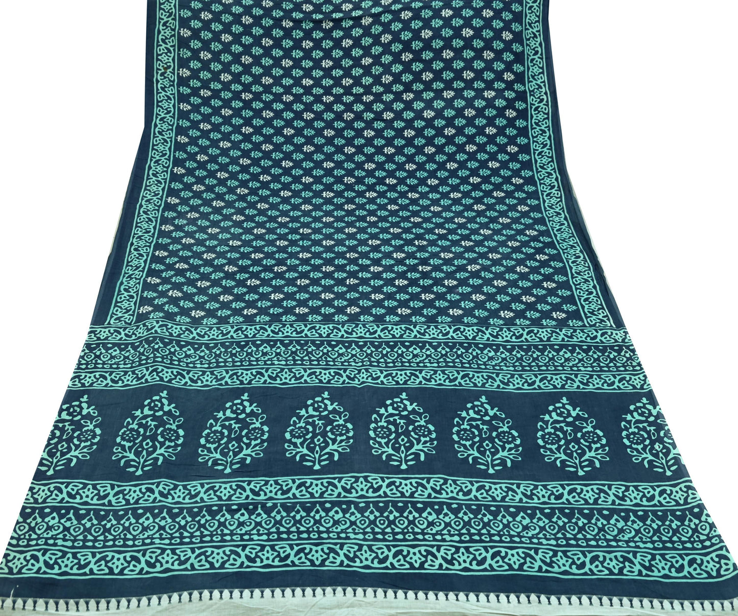 Indian Vintage Sari Blue Block Printed Pure Cotton Sarees 5Yd Craft Fabric Soft Sewing Sarong Wrap Boho Upcycle quilting Dress making