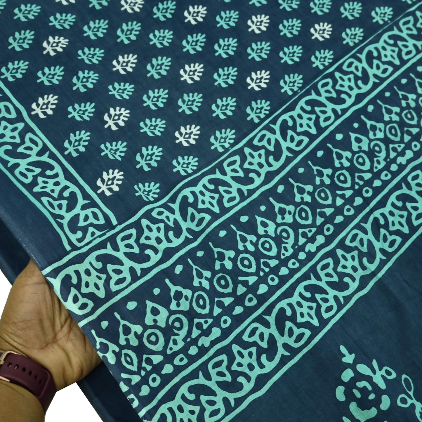 Indian Vintage Sari Blue Block Printed Pure Cotton Sarees 5Yd Craft Fabric Soft Sewing Sarong Wrap Boho Upcycle quilting Dress making