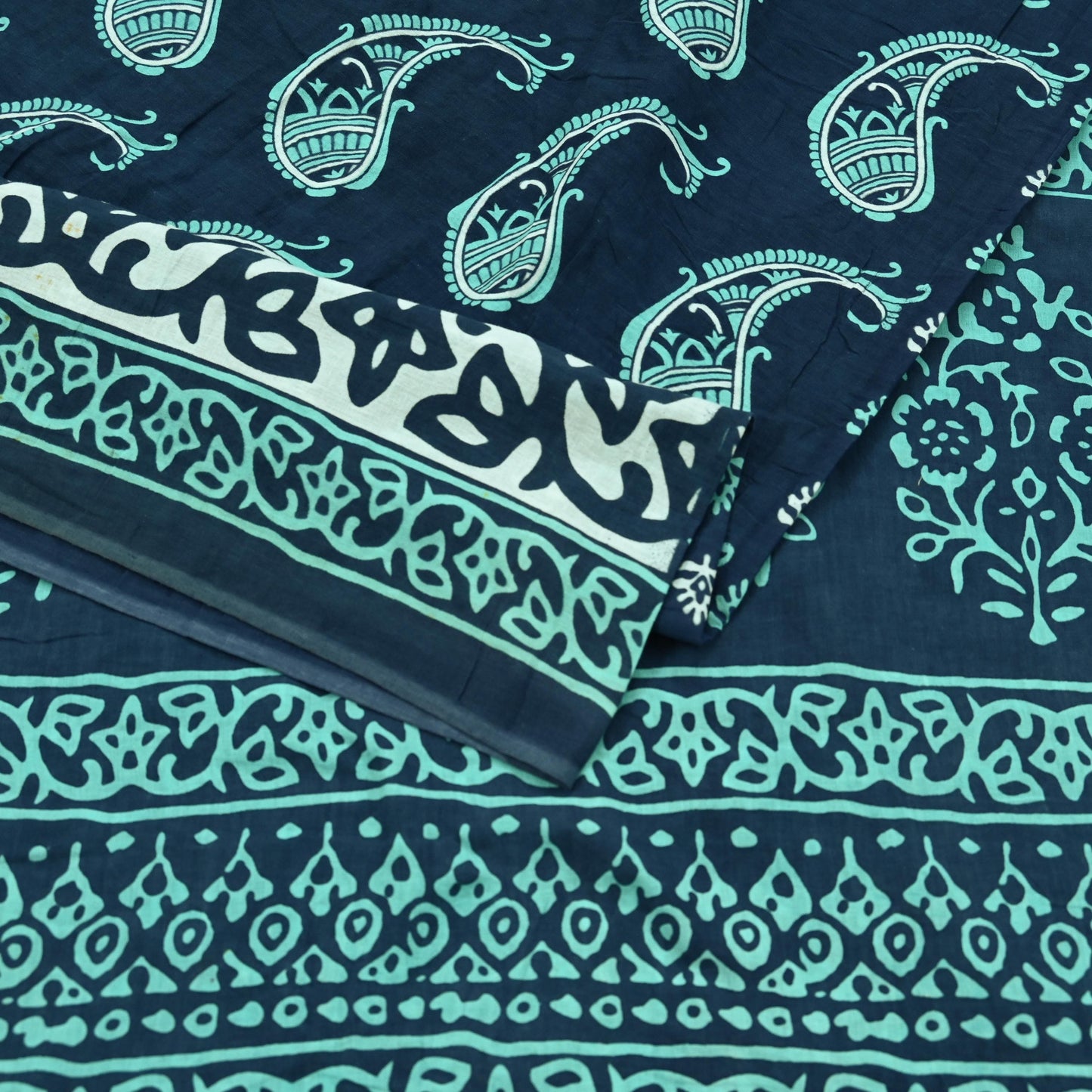 Indian Vintage Sari Blue Block Printed Pure Cotton Sarees 5Yd Craft Fabric Soft Sewing Sarong Wrap Boho Upcycle quilting Dress making