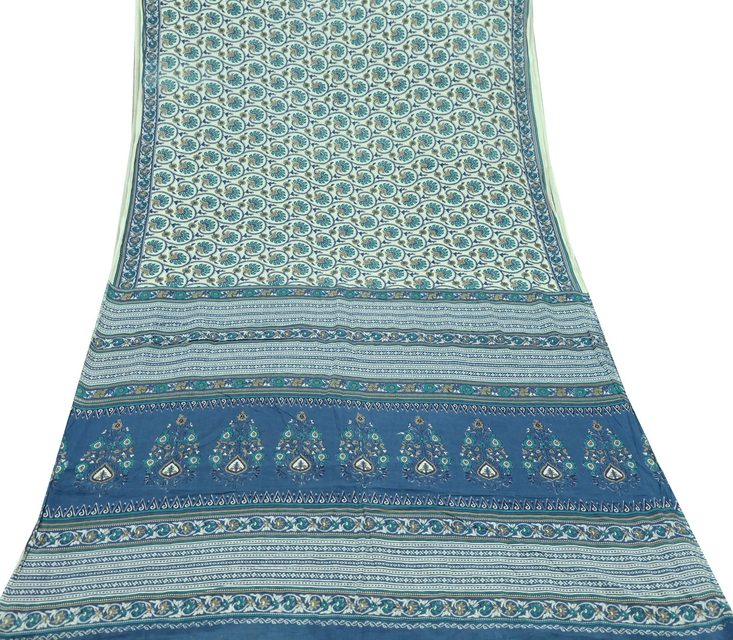 Indian Vintage Sari Blue & Ivory Block Printed Pure Cotton Sarees 5Yd Craft Fabric Sewing Sarong Wrap Boho Upcycle quilting Dress making
