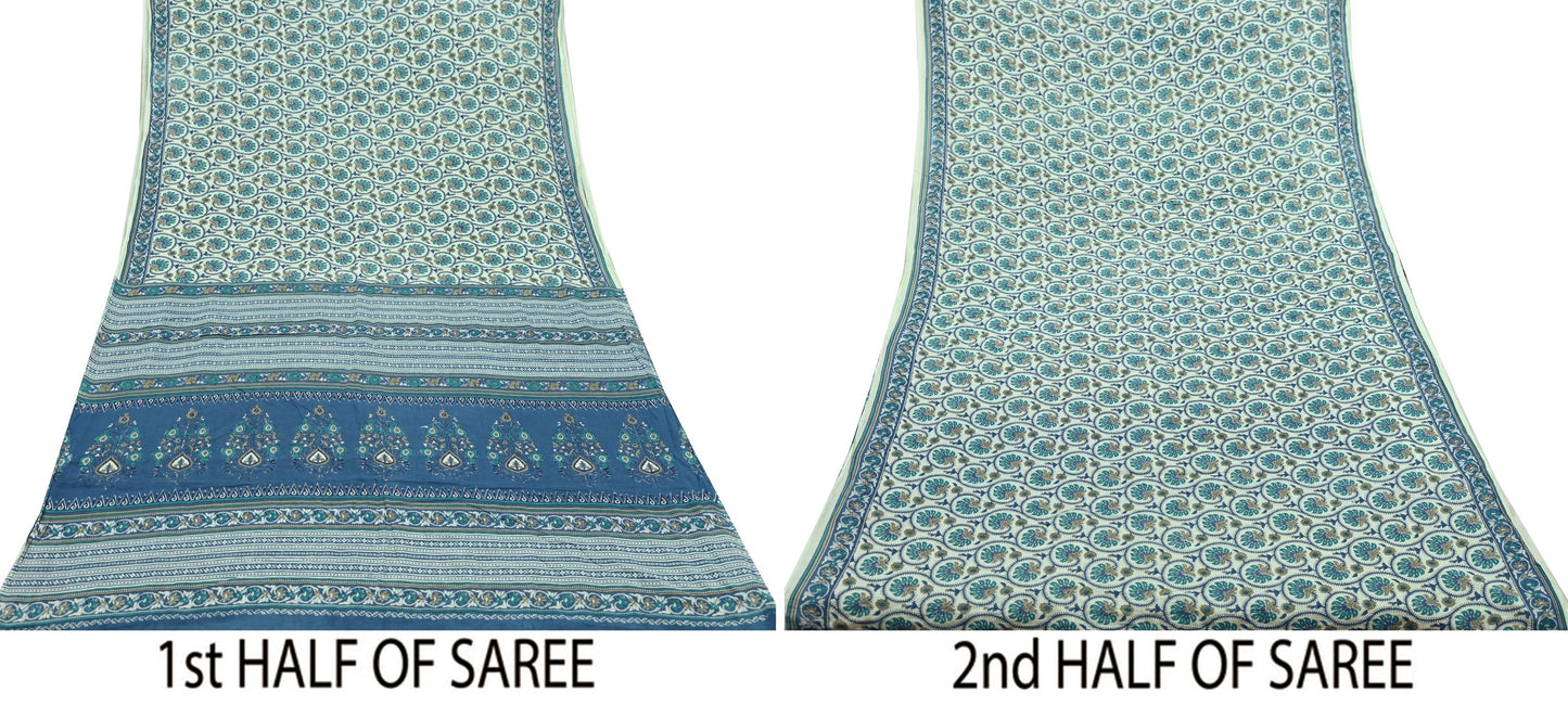 Indian Vintage Sari Blue & Ivory Block Printed Pure Cotton Sarees 5Yd Craft Fabric Sewing Sarong Wrap Boho Upcycle quilting Dress making