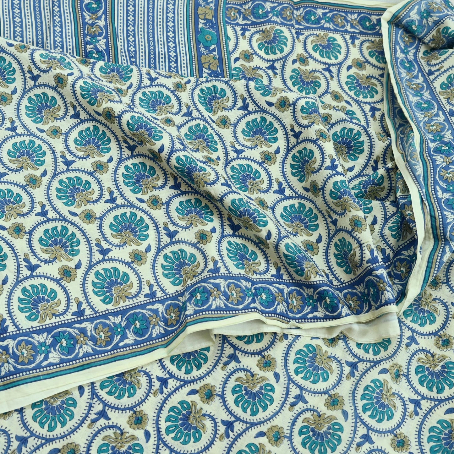 Indian Vintage Sari Blue & Ivory Block Printed Pure Cotton Sarees 5Yd Craft Fabric Sewing Sarong Wrap Boho Upcycle quilting Dress making