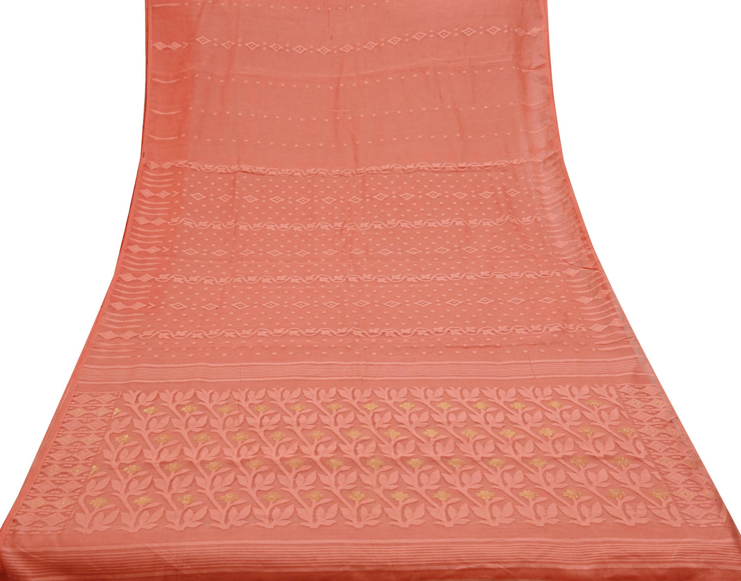 Indian Vintage Sarees Peach Pure Cotton Hand Woven Jamdani Sari 5yd Ethnic Floral Craft Fabric Dress making Upcycle Crafting Quilting