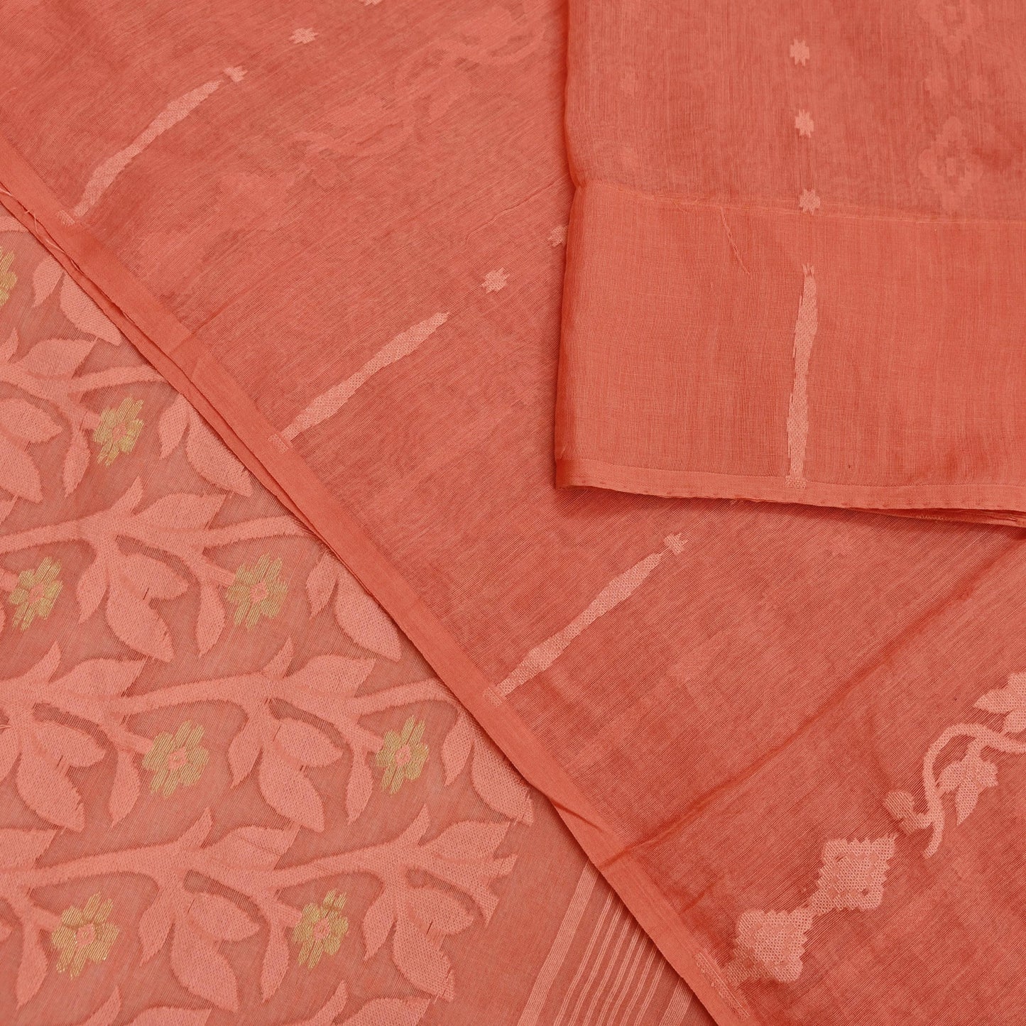 Indian Vintage Sarees Peach Pure Cotton Hand Woven Jamdani Sari 5yd Ethnic Floral Craft Fabric Dress making Upcycle Crafting Quilting