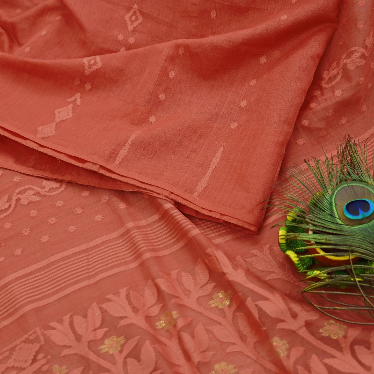 Indian Vintage Sarees Peach Pure Cotton Hand Woven Jamdani Sari 5yd Ethnic Floral Craft Fabric Dress making Upcycle Crafting Quilting