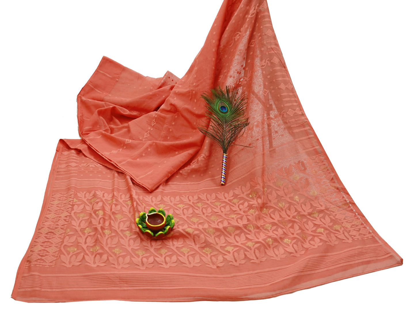 Indian Vintage Sarees Peach Pure Cotton Hand Woven Jamdani Sari 5yd Ethnic Floral Craft Fabric Dress making Upcycle Crafting Quilting