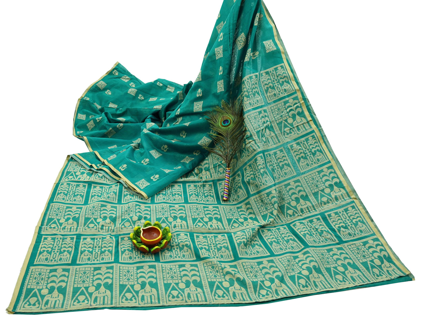 Indian Vintage Sari Green Pure Cotton Hand Woven Sarees Craft Fabric 5yd Ethnic Floral Crafting Upcycle Quilting Dress Making Quilting