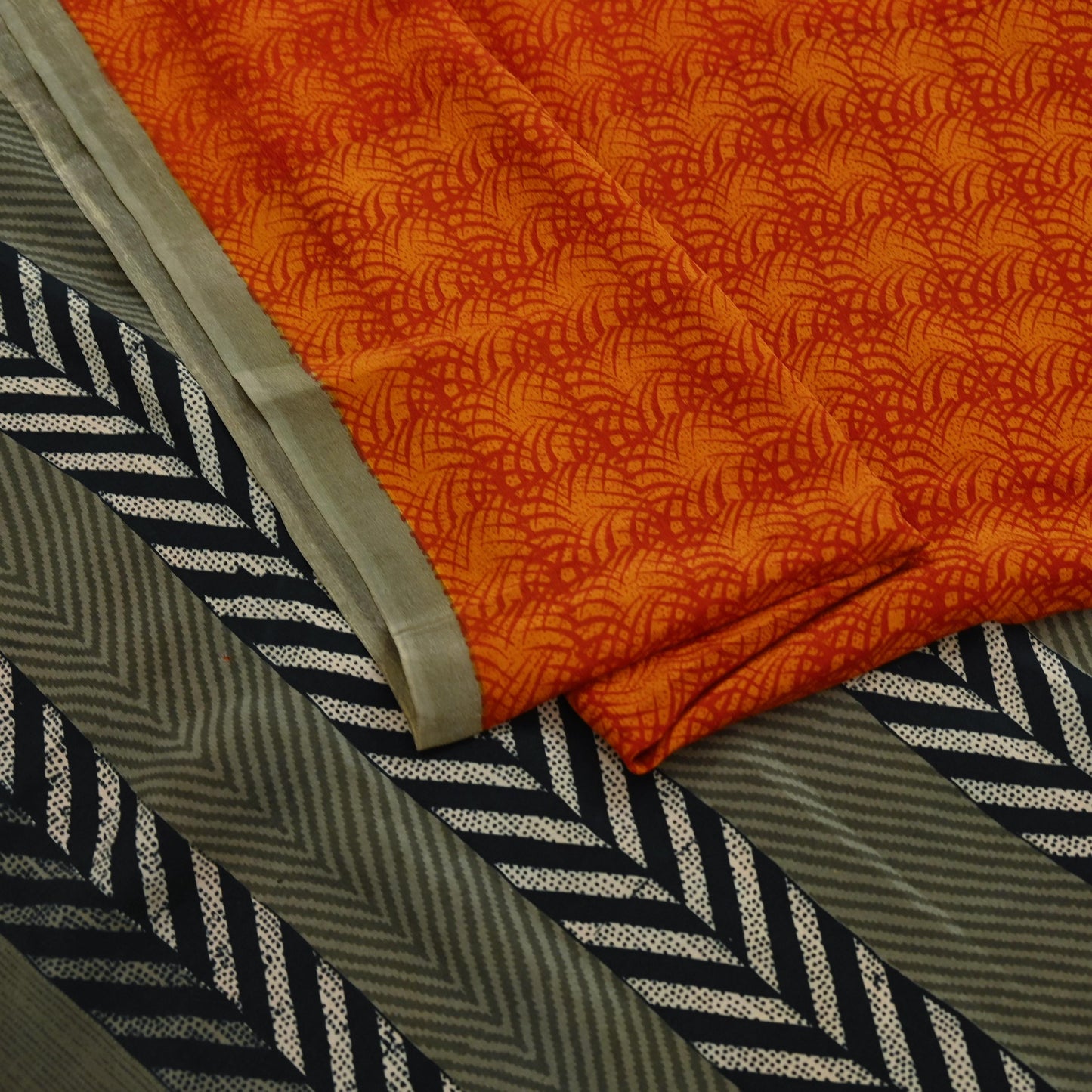 Indian Vintage Sari Orange & Saffron Pure Crepe Silk Printed Sarees 5yd Sewing Floral Soft Craft Fabric Wrap Dress Making Crafting Quilting