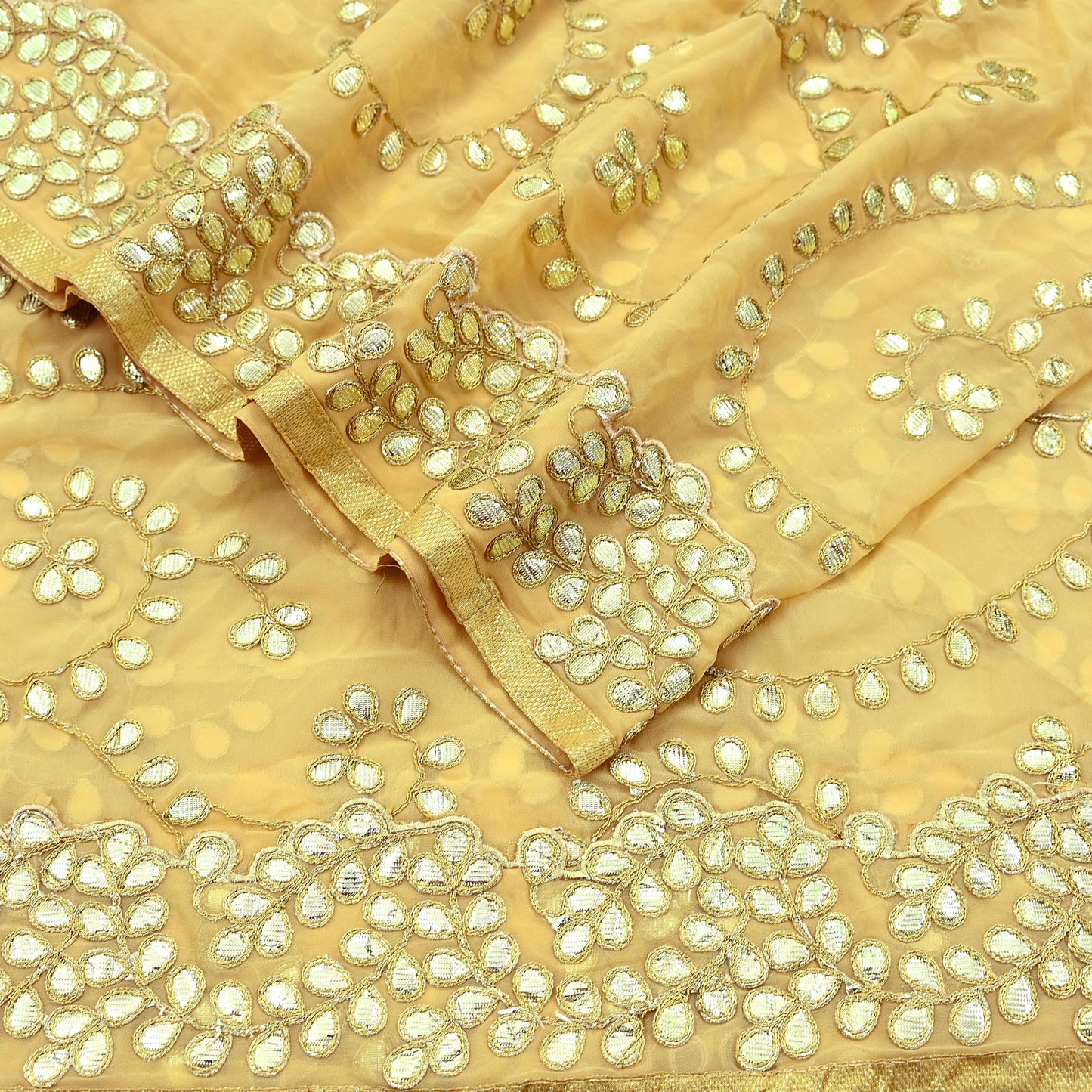 Indian Vintage Heavy Beige Dupatta Pure Georgette Silk Long Stole Hand Embroidered Gota Patti Scarf Zari Veil Wrap