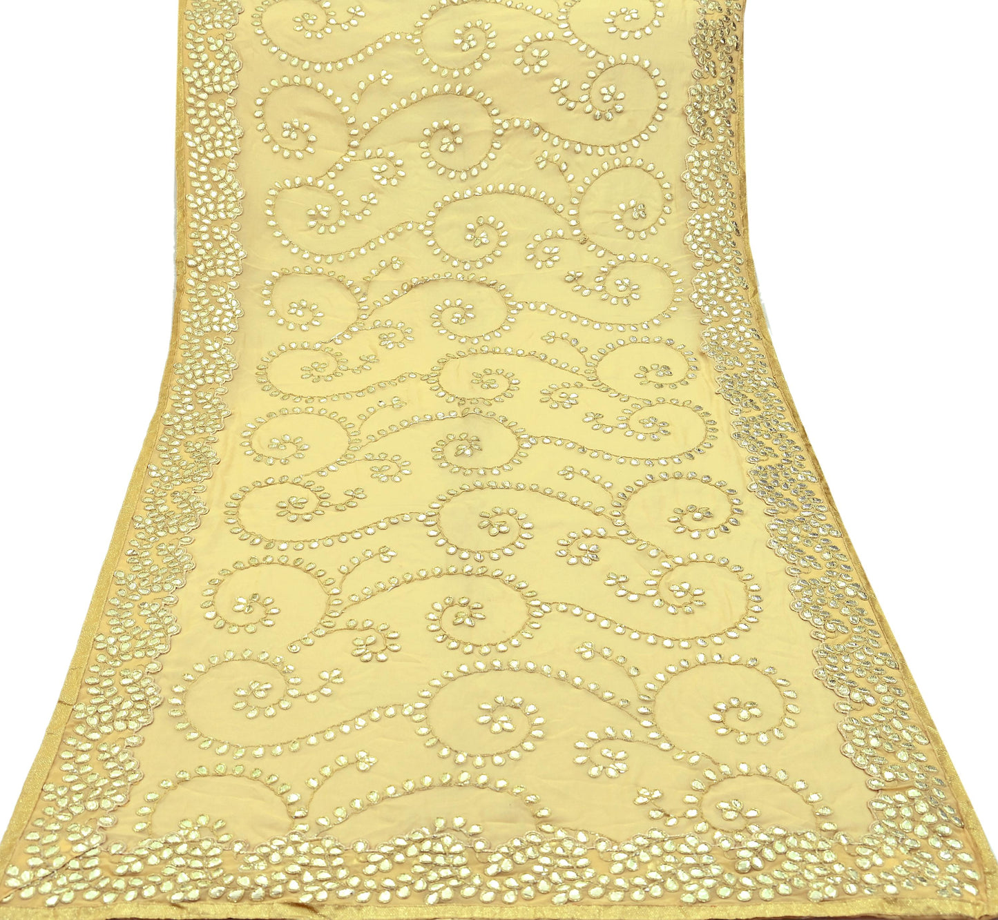 Indian Vintage Heavy Beige Dupatta Pure Georgette Silk Long Stole Hand Embroidered Gota Patti Scarf Zari Veil Wrap