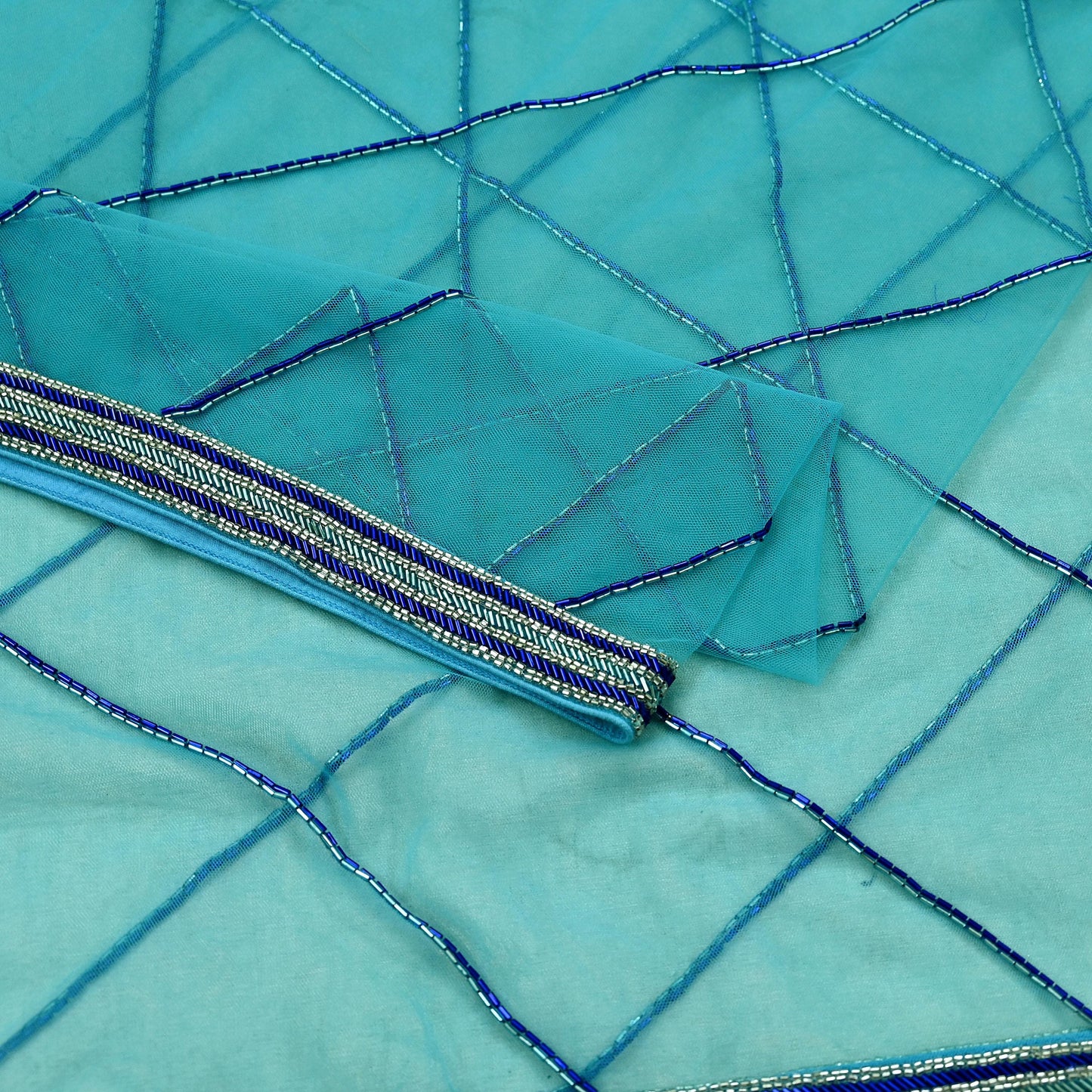 Indian Vintage Heavy Bridal Blue Dupatta Net Mesh Long Stole Hand Embroidered Scarf Golden Zardozi Zari Glass Beaded Stole Wedding veil