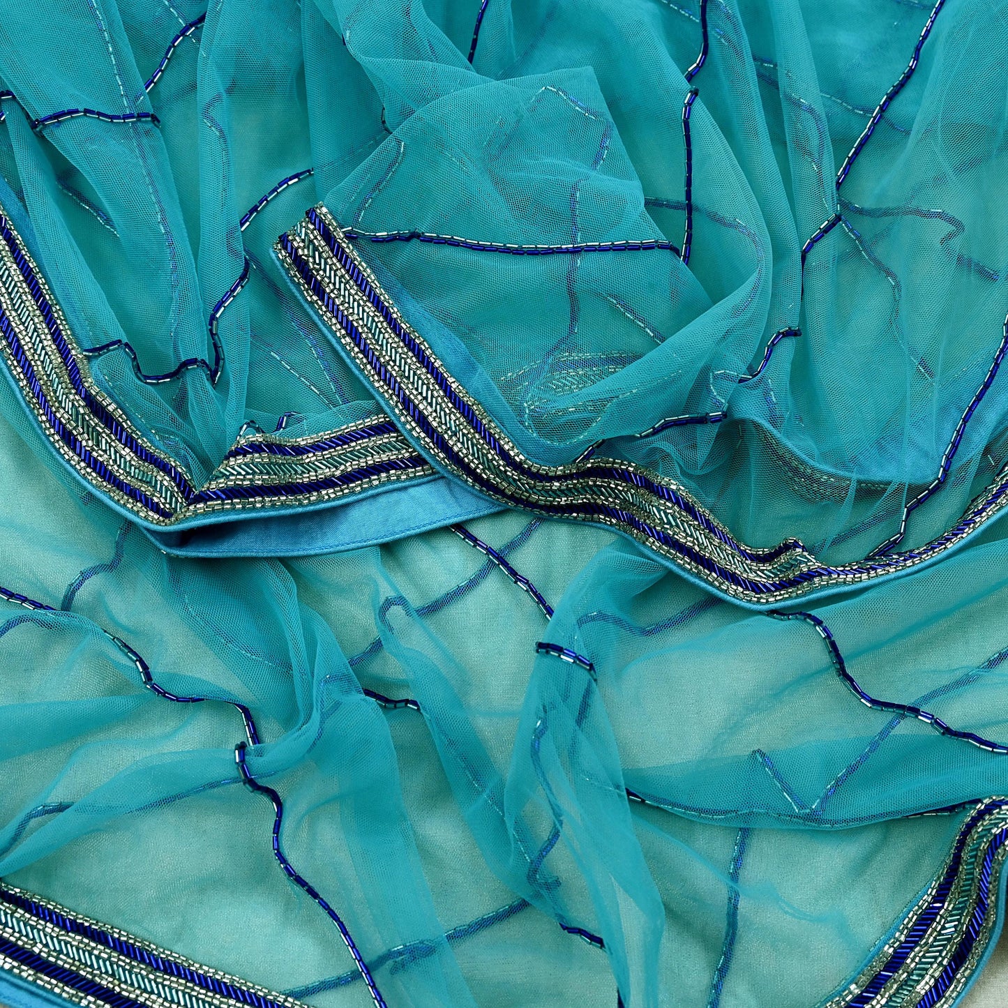Indian Vintage Heavy Bridal Blue Dupatta Net Mesh Long Stole Hand Embroidered Scarf Golden Zardozi Zari Glass Beaded Stole Wedding veil