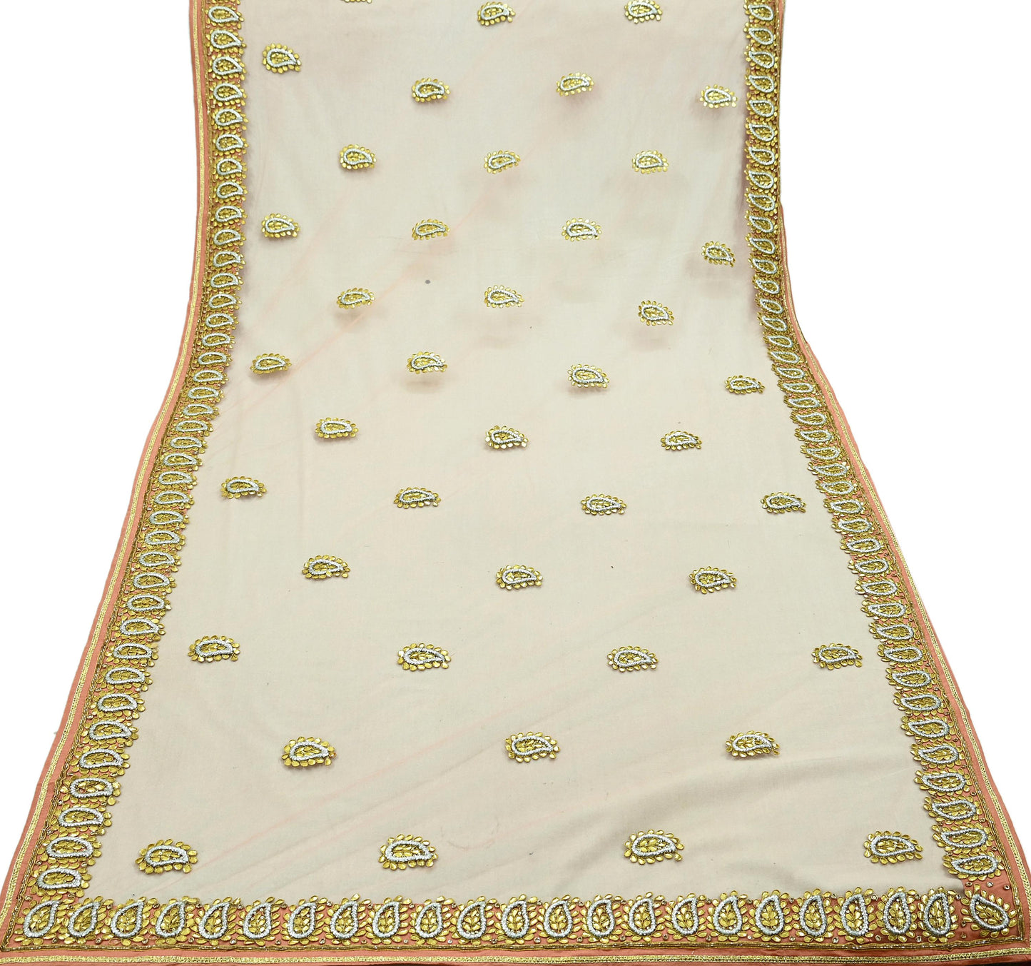 Indian Vintage Heavy Bridal Dupatta Peach Net Mesh Long Stole Hand Embroidered Scarves Golden Gota Patti Wedding/Party Wear