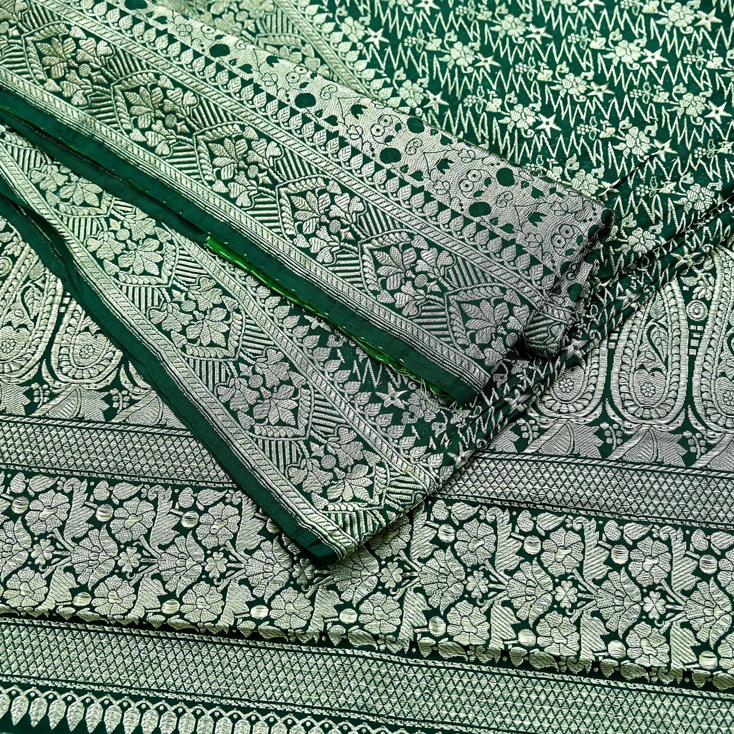 Indian Vintage Sari Bottle Green Heavy Wedding Pure Satin Silk Woven Banarasi Sarees Zari 6Yd Craft Fabric Dress making Crafting Quilting
